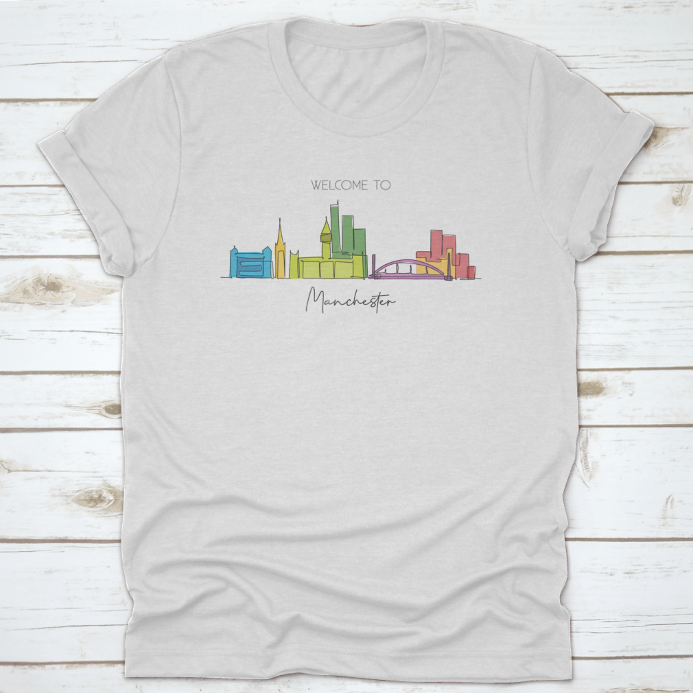 Single continuous line drawing of Manchester city skyline featuring iconic landmarks in a minimalist style.