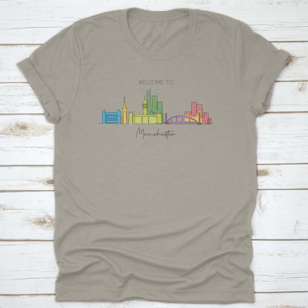 Single continuous line drawing of Manchester city skyline featuring iconic landmarks in a minimalist style.