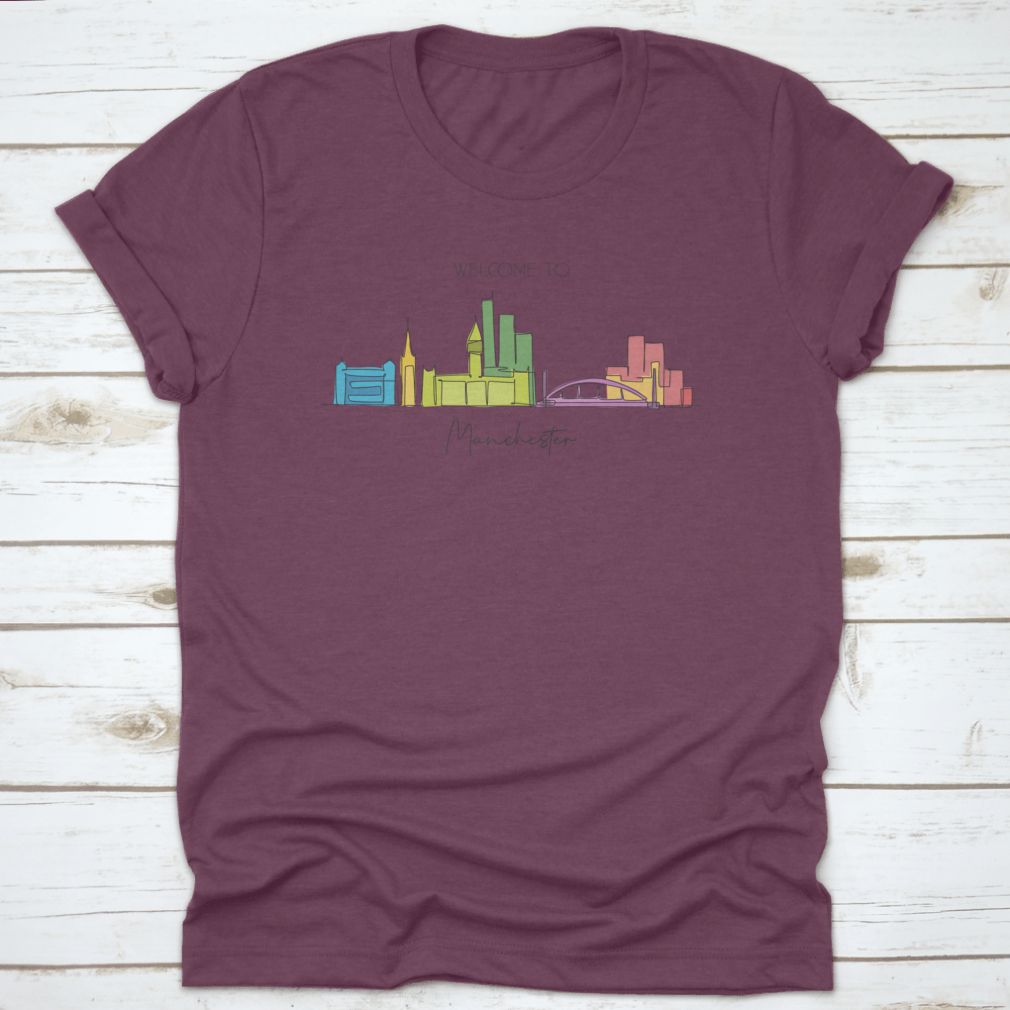 Single continuous line drawing of Manchester city skyline featuring iconic landmarks in a minimalist style.
