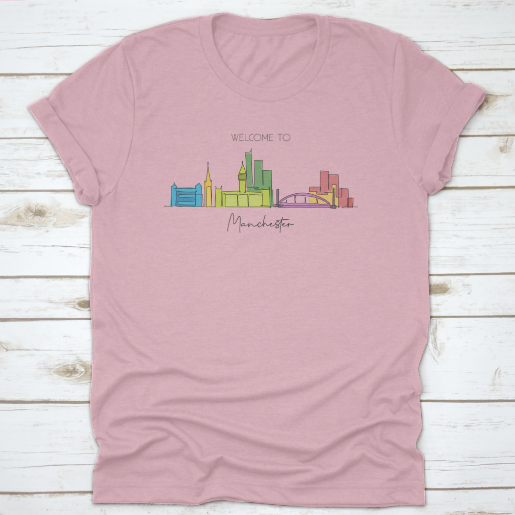 Single continuous line drawing of Manchester city skyline featuring iconic landmarks in a minimalist style.