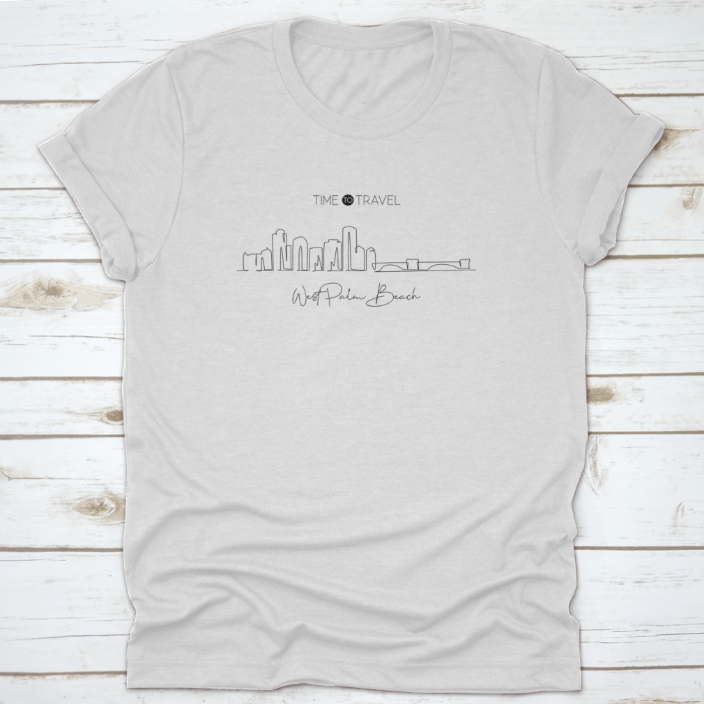 A stylish t-shirt featuring a continuous line art design of the West Palm Beach skyline, made from soft cotton fabric.