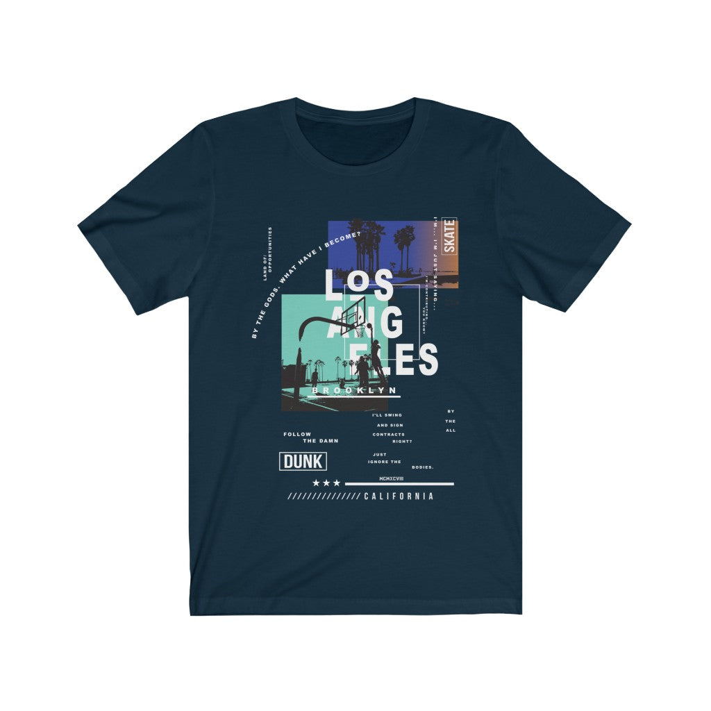 A stylish unisex T-shirt featuring a vibrant vinyl print design celebrating skate culture in Los Angeles, made from 100% soft cotton.