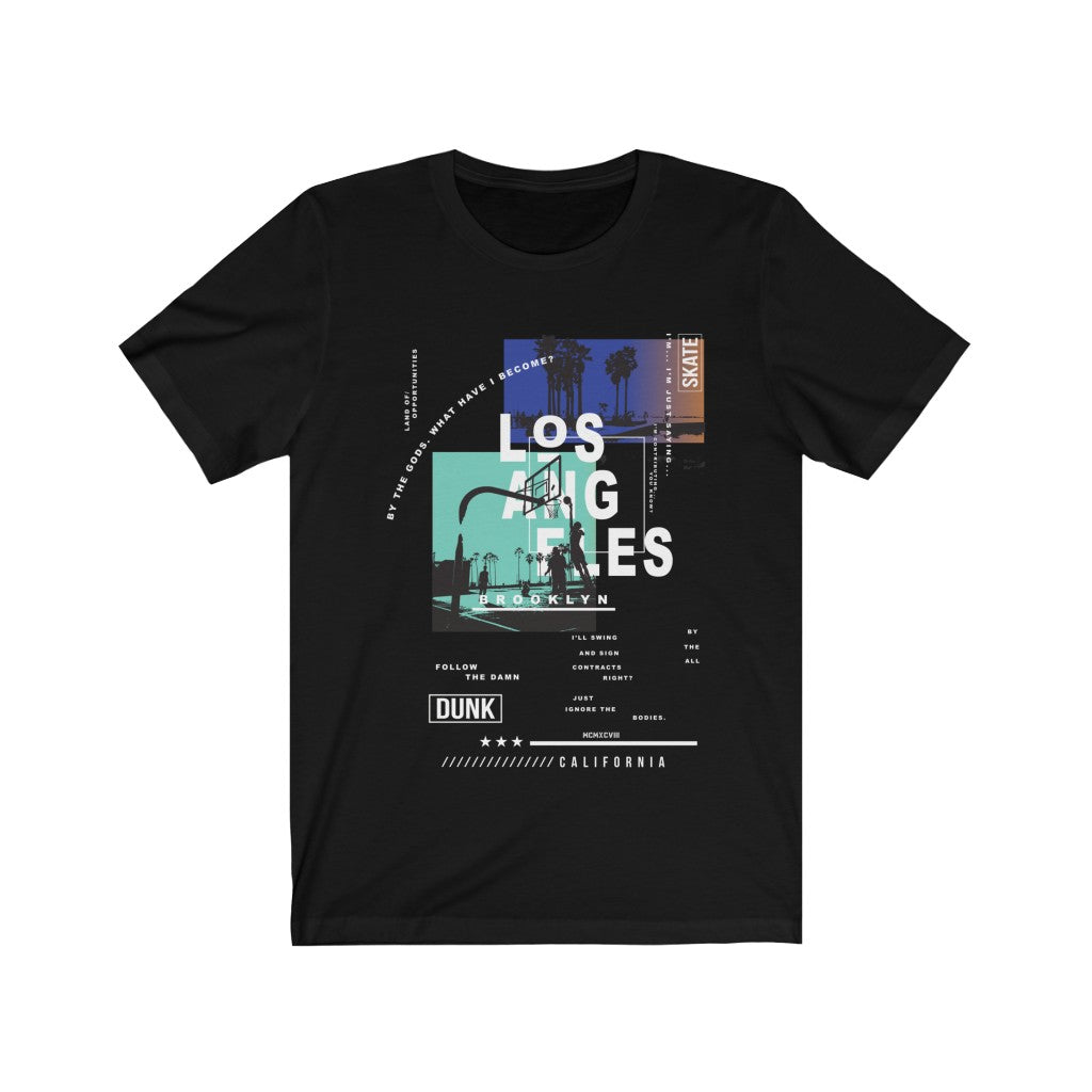 A stylish unisex T-shirt featuring a vibrant vinyl print design celebrating skate culture in Los Angeles, made from 100% soft cotton.