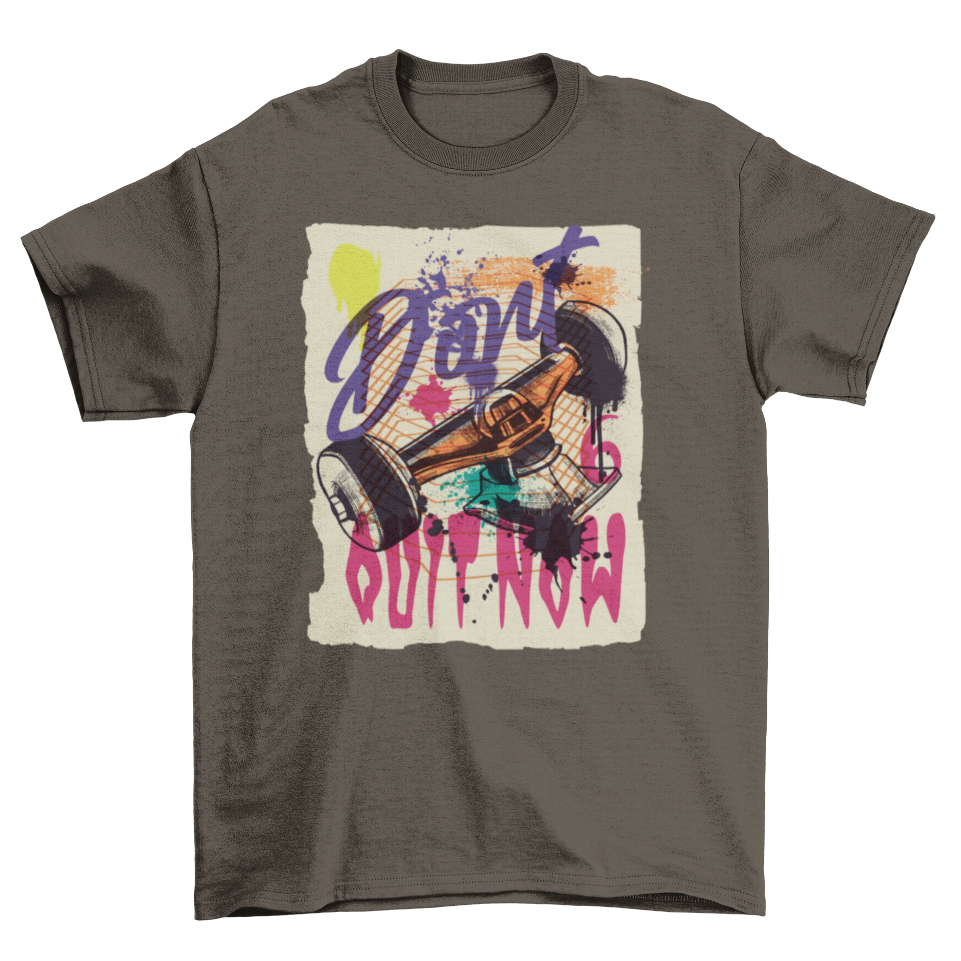 Urban graffiti t-shirt featuring a skate truck design and motivational quote.