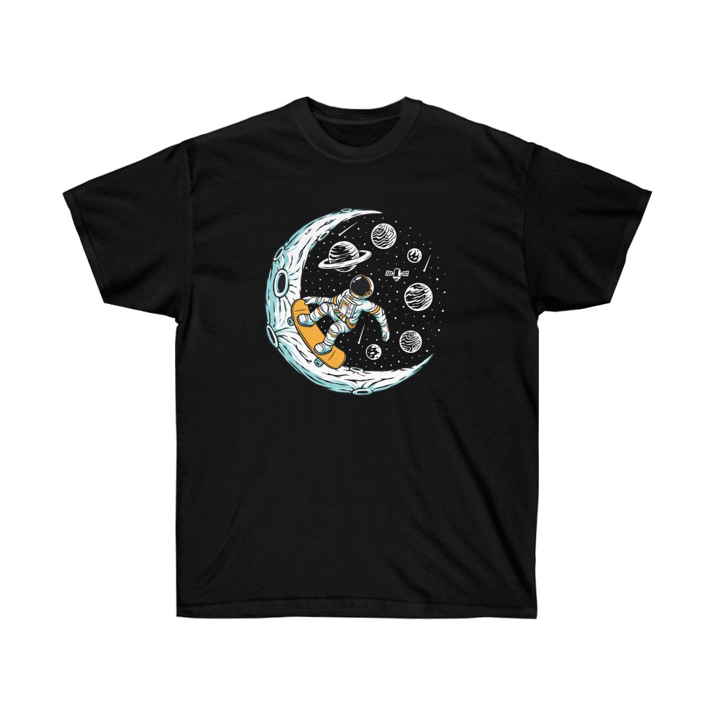 A stylish unisex t-shirt featuring a vibrant astronaut graphic, perfect for skateboard enthusiasts.