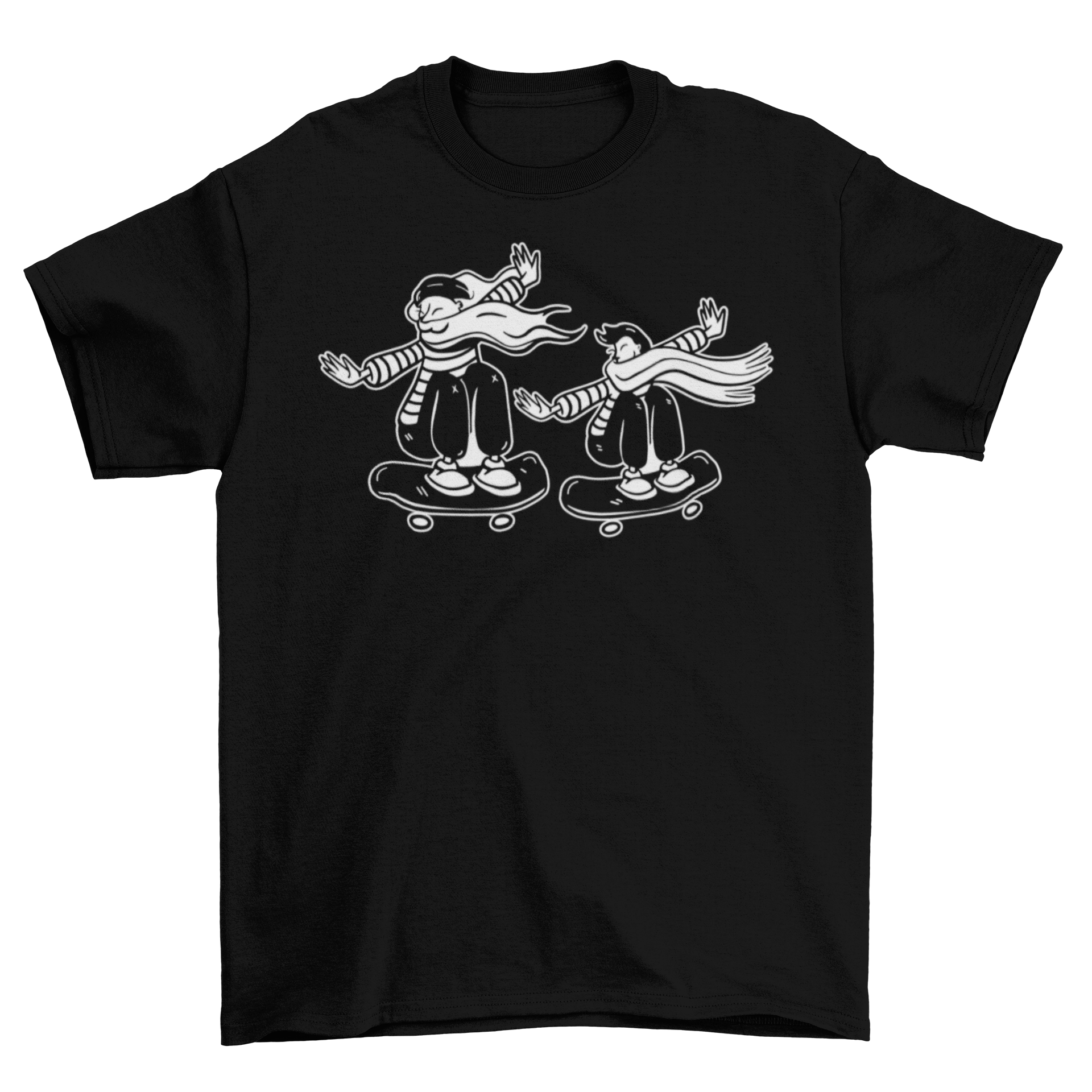 Black and white skateboard t-shirt featuring two skateboarders in action.