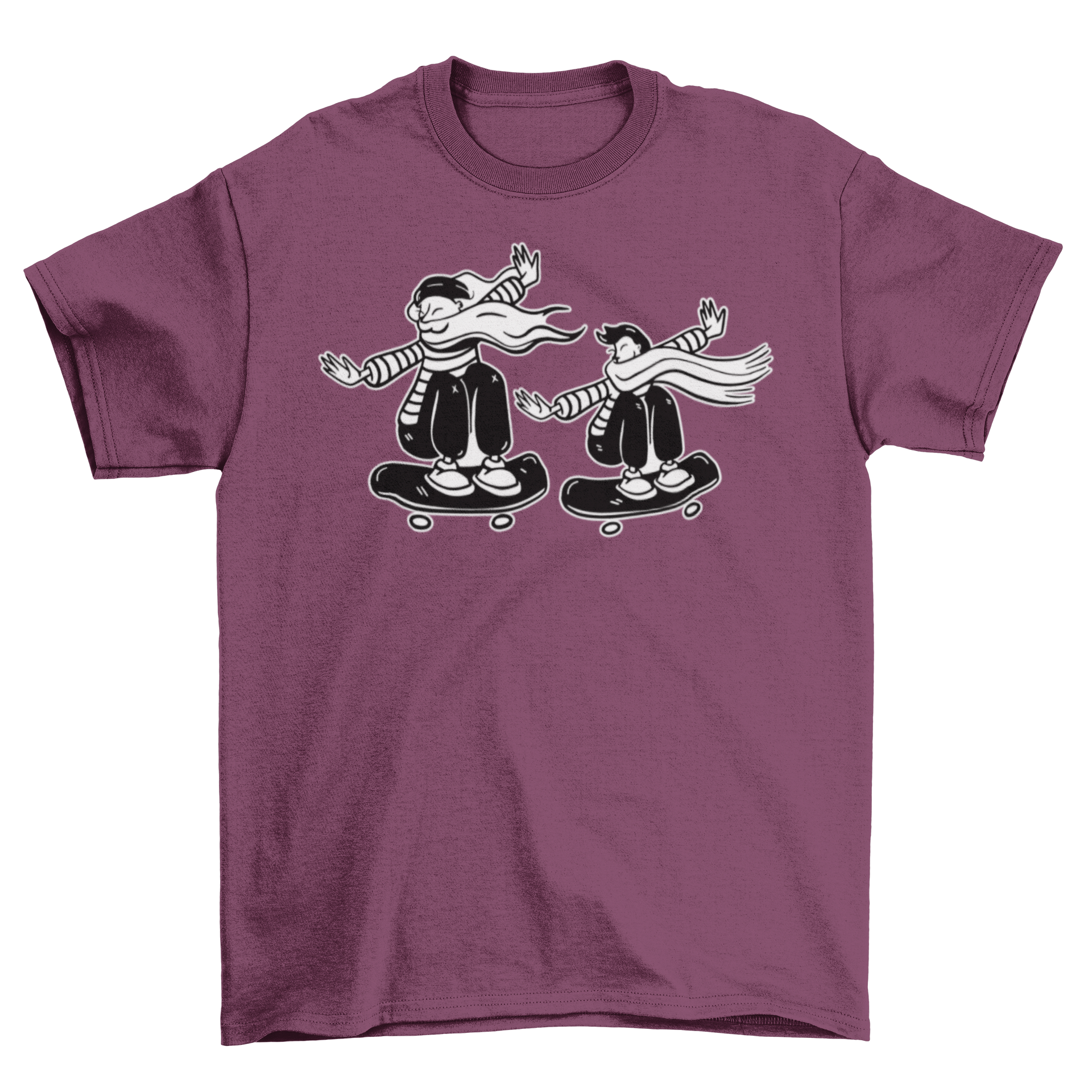 Black and white skateboard t-shirt featuring two skateboarders in action.