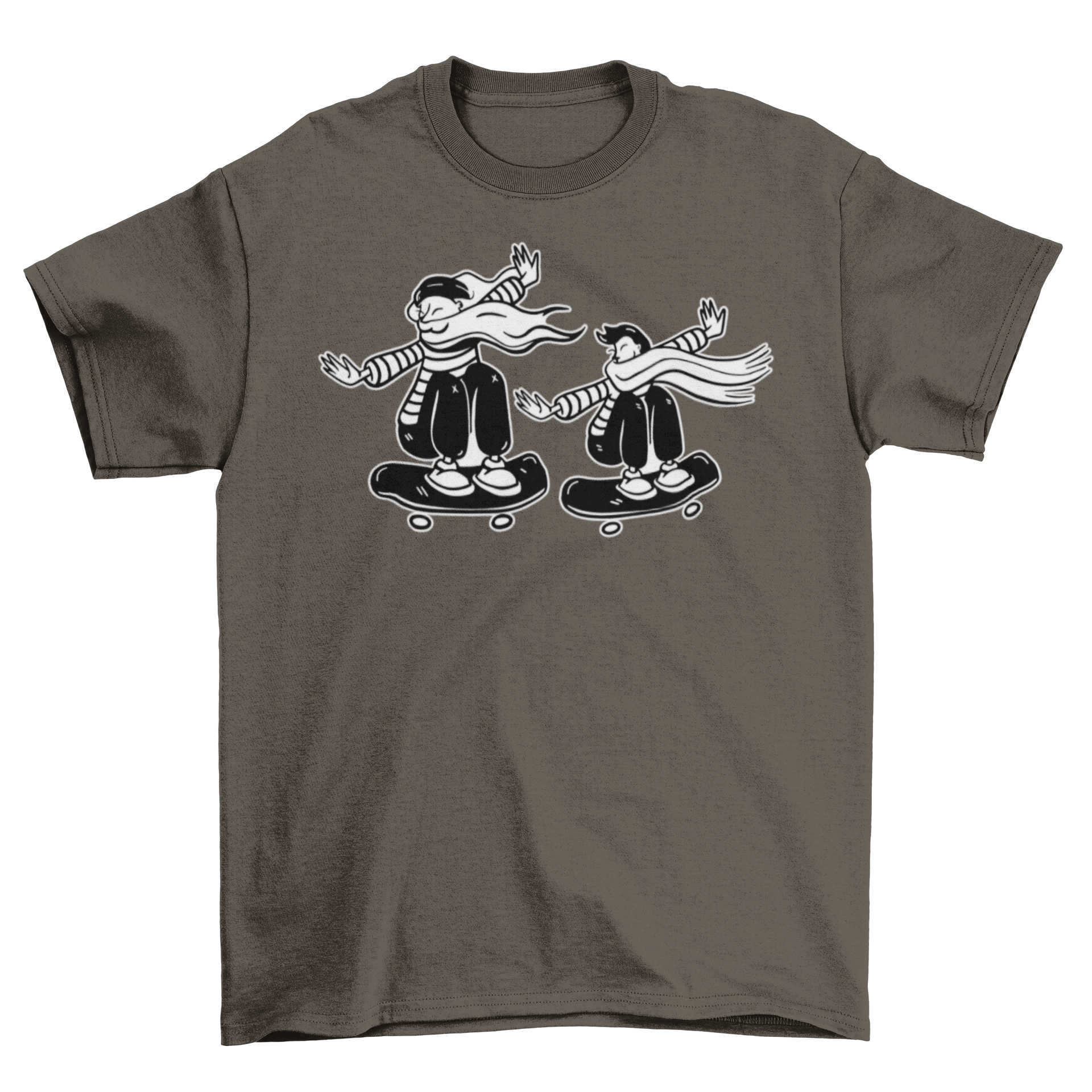 Black and white skateboard t-shirt featuring two skateboarders in action.