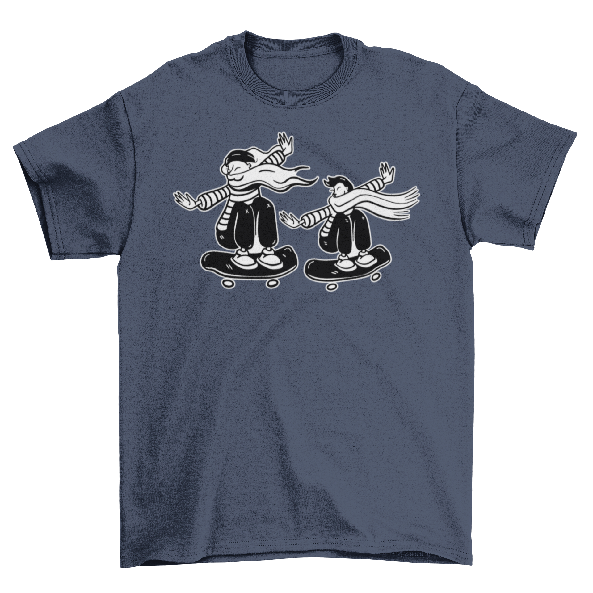 Black and white skateboard t-shirt featuring two skateboarders in action.