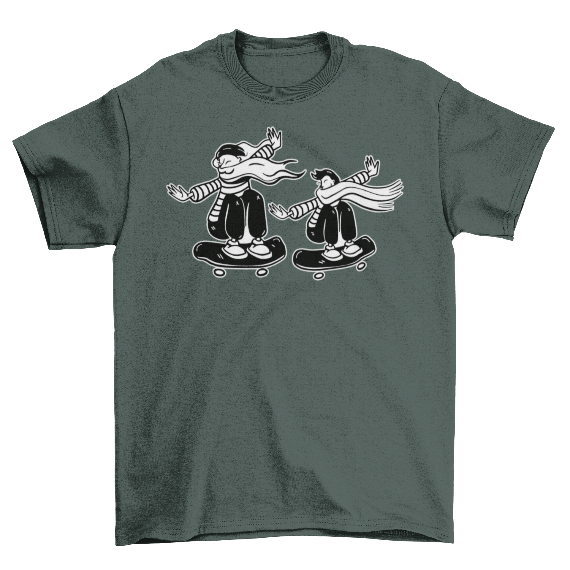Black and white skateboard t-shirt featuring two skateboarders in action.