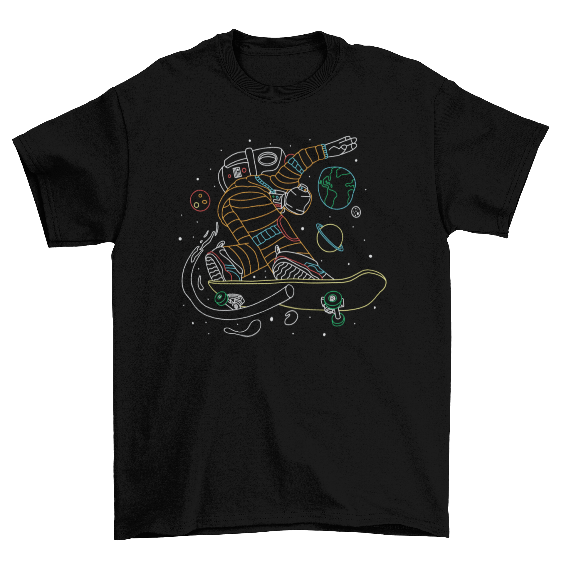A stylish t-shirt featuring a colorful design of an astronaut skating in space, surrounded by stars and planets.