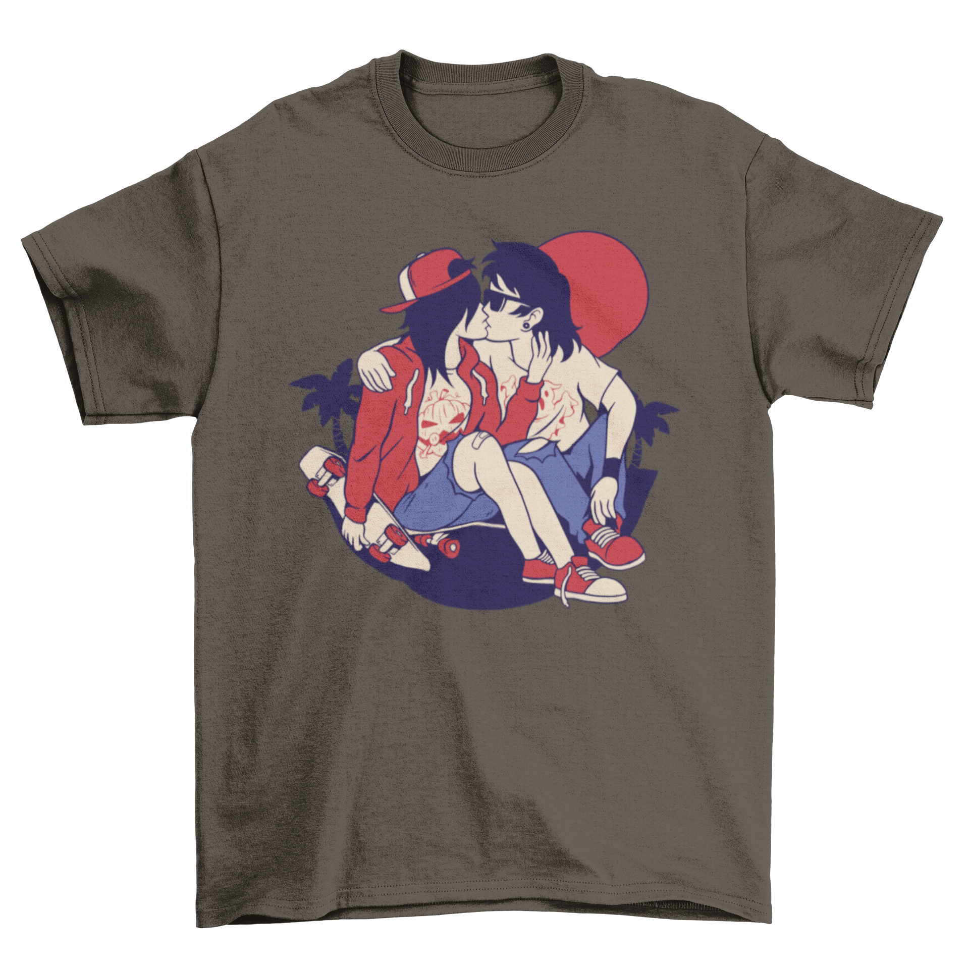 A stylish t-shirt featuring a skater couple kissing, perfect for couples and skating enthusiasts.