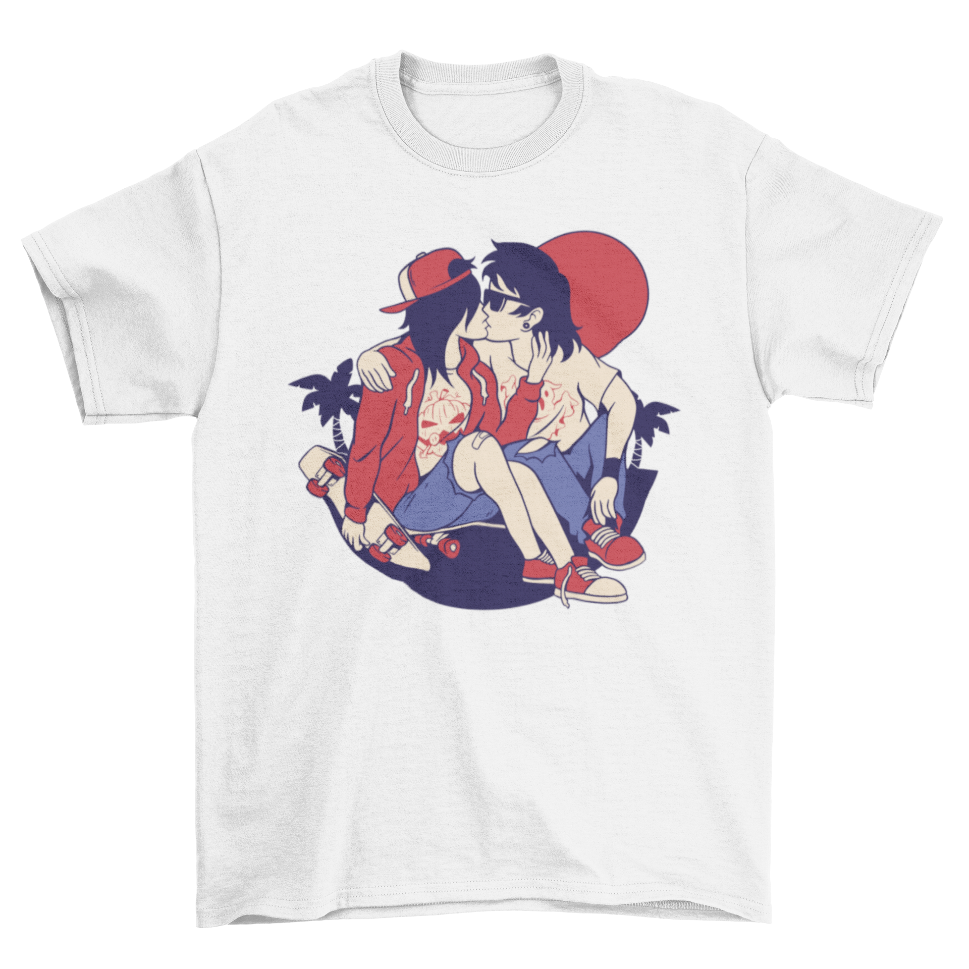 A stylish t-shirt featuring a skater couple kissing, perfect for couples and skating enthusiasts.