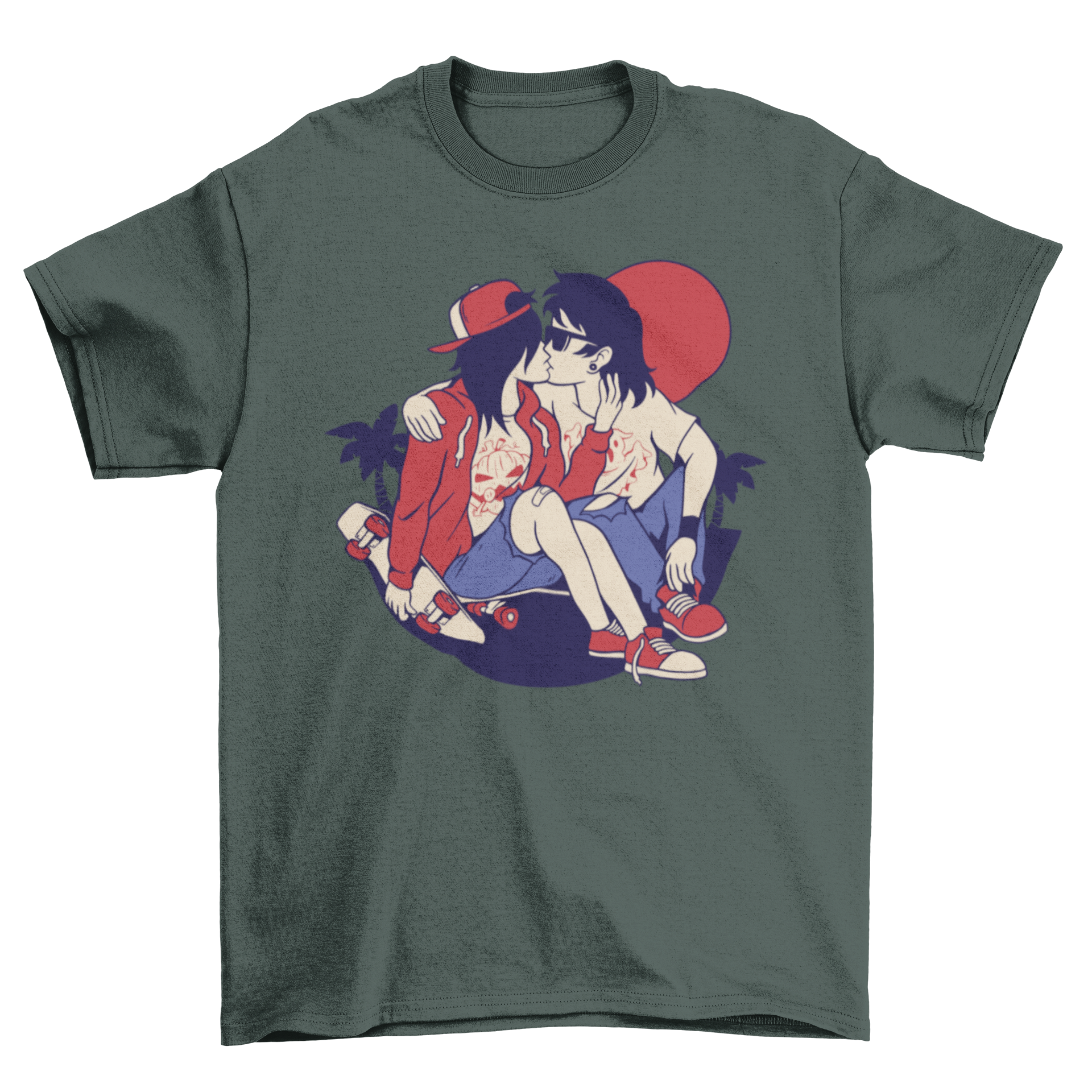A stylish t-shirt featuring a skater couple kissing, perfect for couples and skating enthusiasts.
