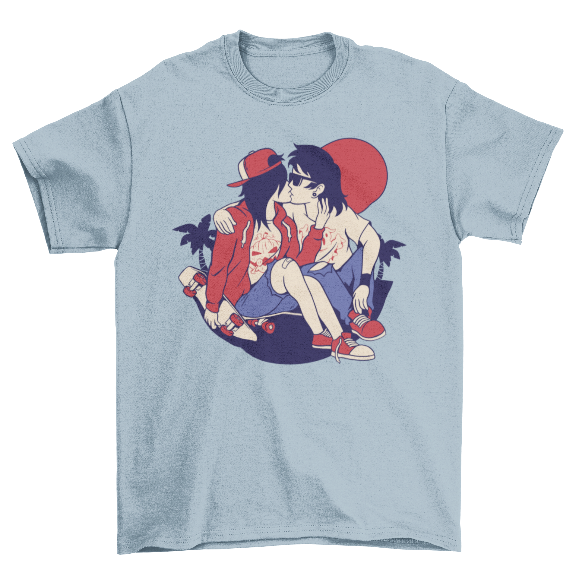 A stylish t-shirt featuring a skater couple kissing, perfect for couples and skating enthusiasts.