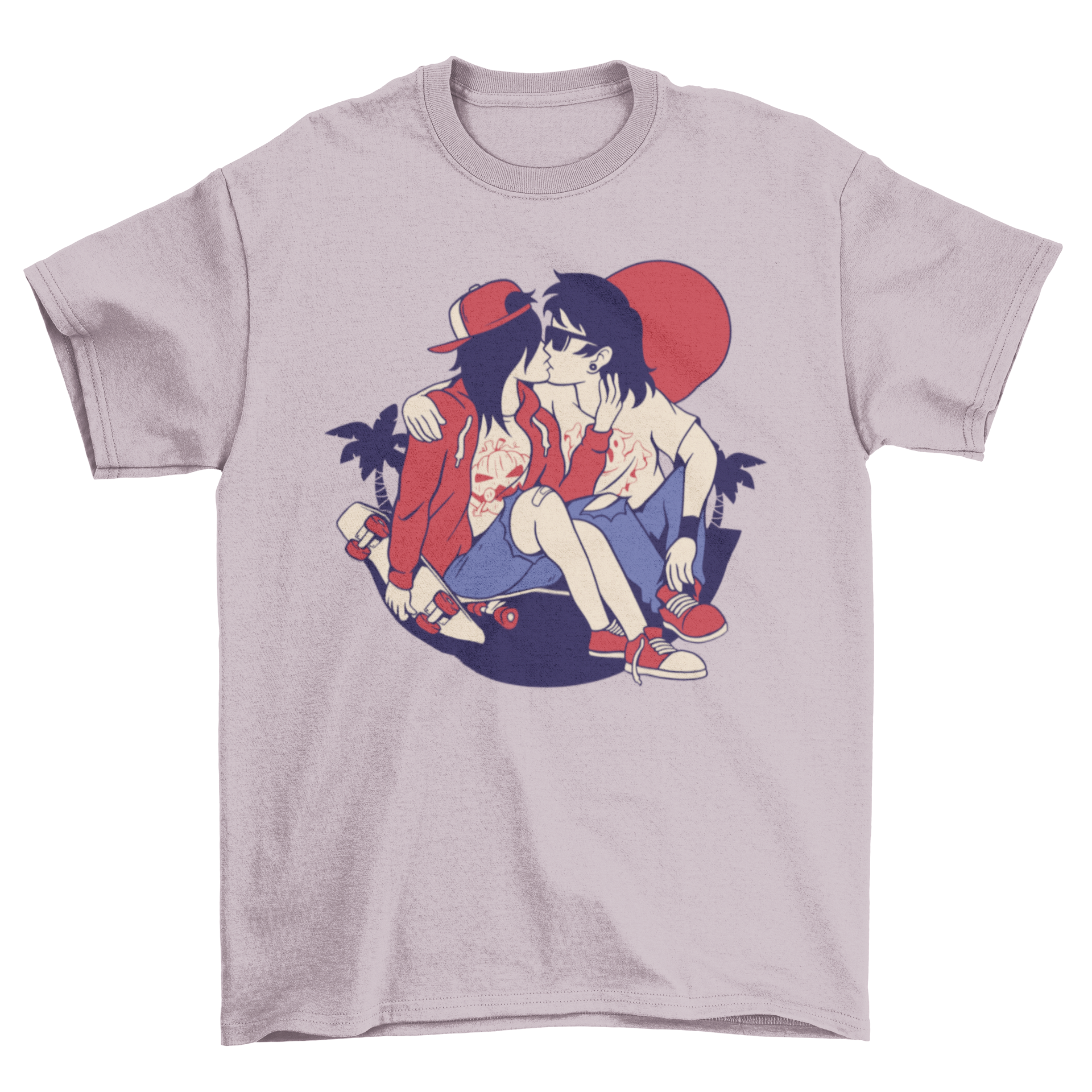 A stylish t-shirt featuring a skater couple kissing, perfect for couples and skating enthusiasts.