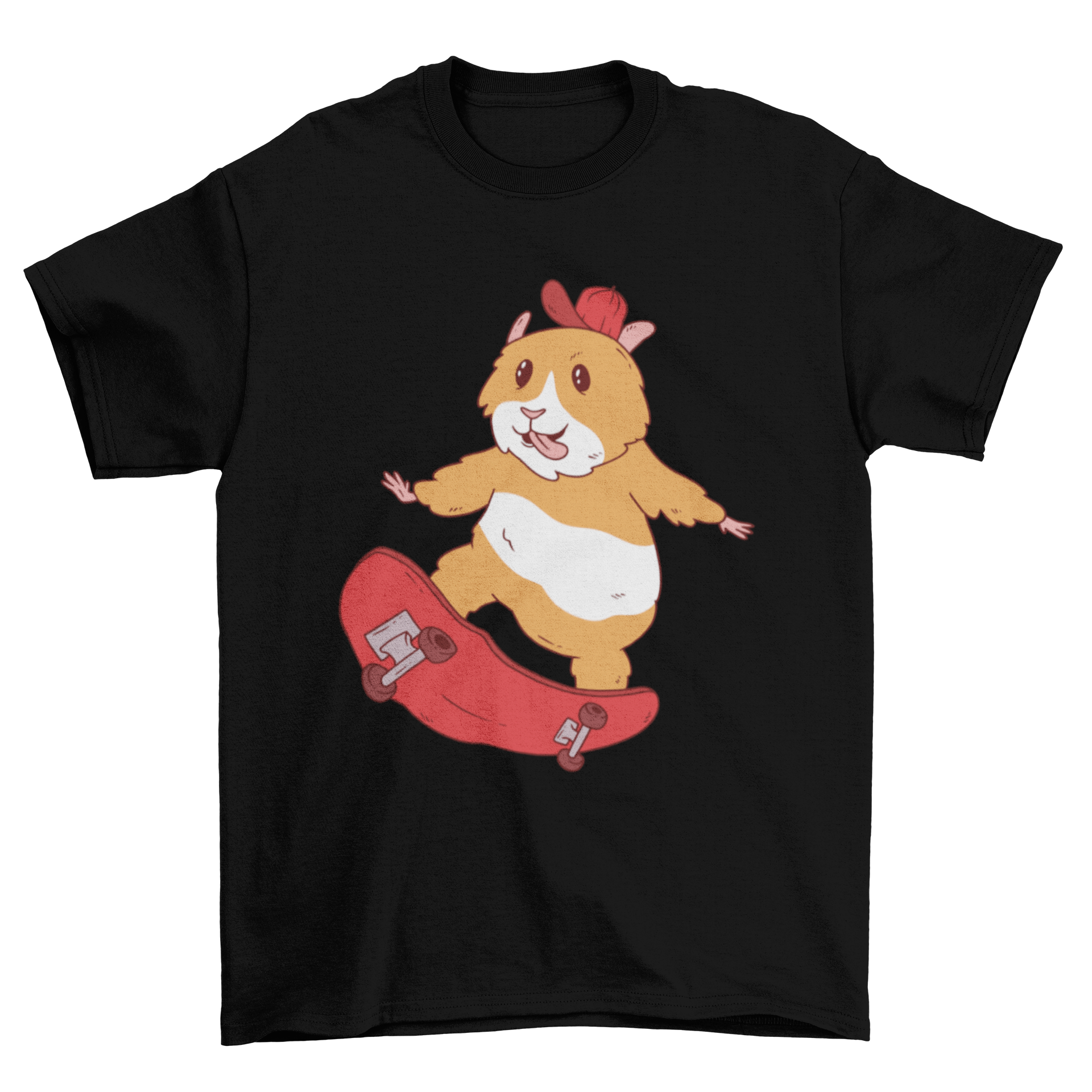 A playful T-shirt design featuring a skater hamster on a skateboard, showcasing vibrant colors and fun graphics.