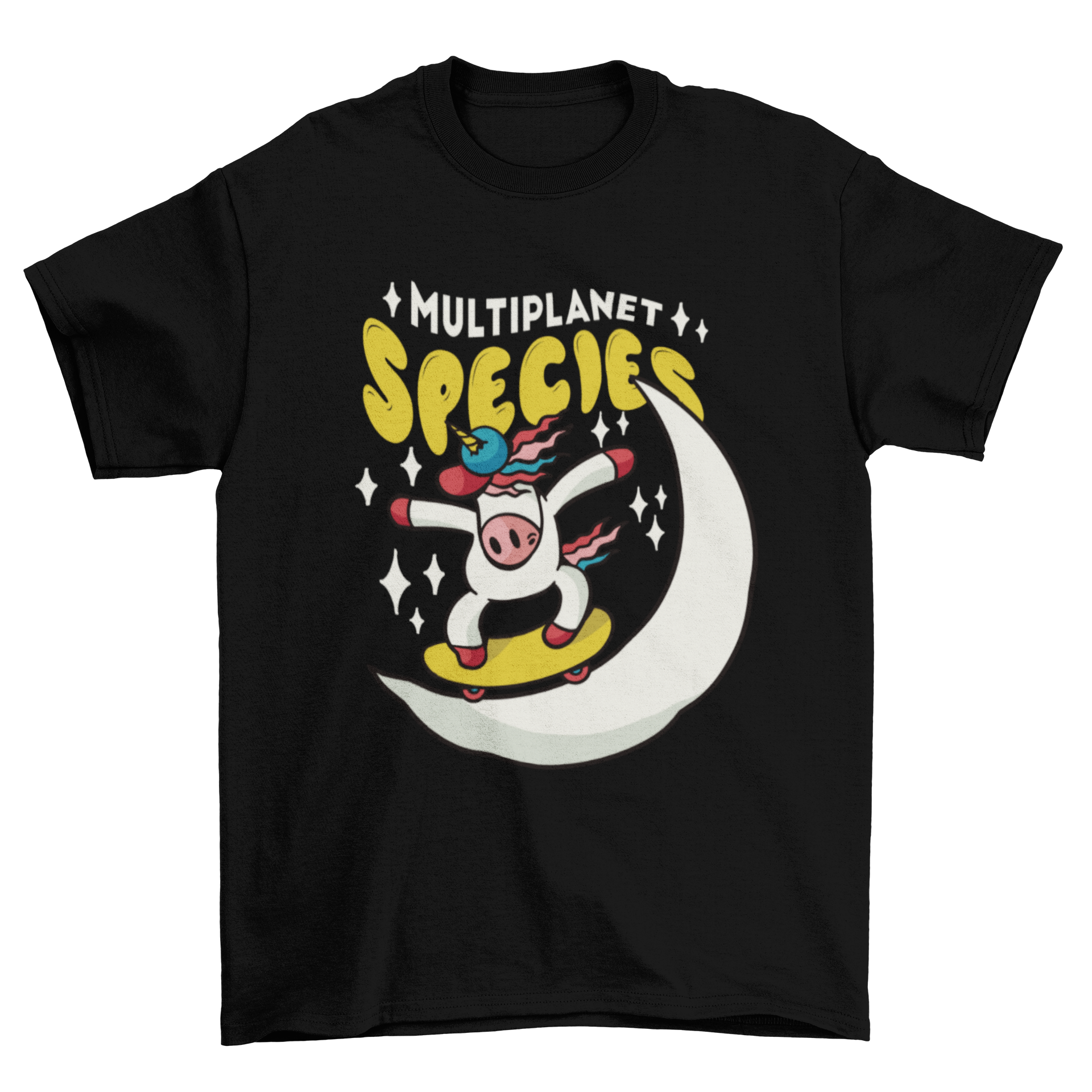 A vibrant t-shirt featuring a unicorn skateboarding on the moon with the quote 'Multiplanet species'.