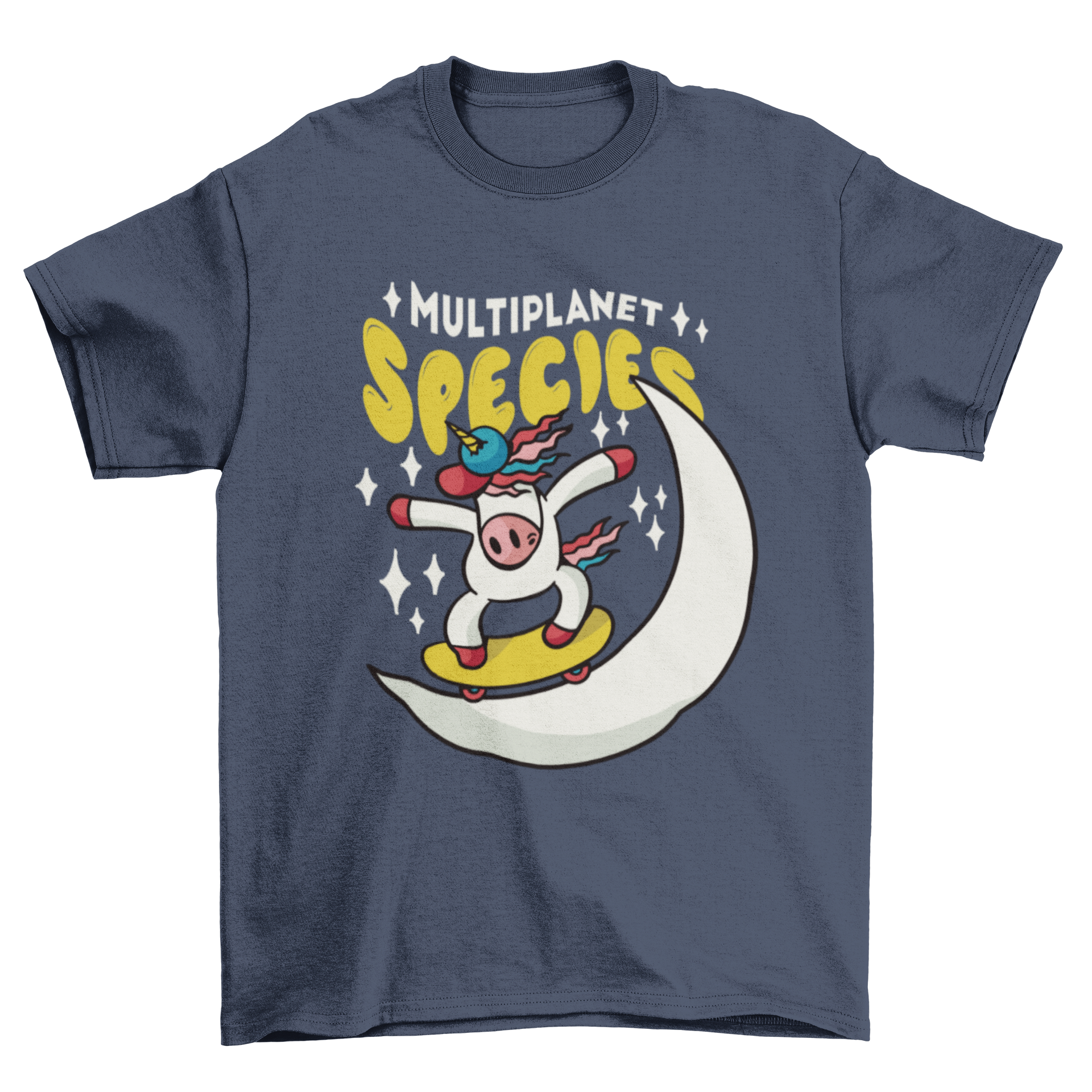 A vibrant t-shirt featuring a unicorn skateboarding on the moon with the quote 'Multiplanet species'.