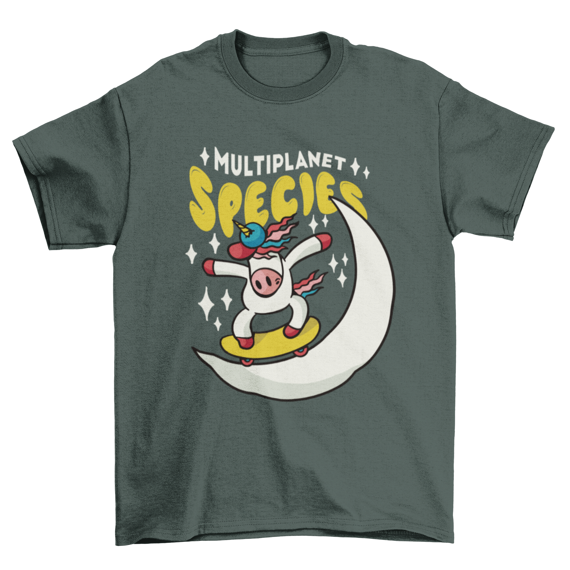 A vibrant t-shirt featuring a unicorn skateboarding on the moon with the quote 'Multiplanet species'.