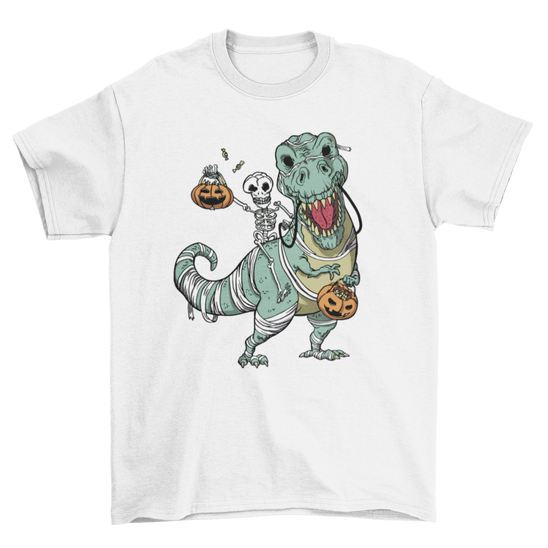 A fun Halloween t-shirt featuring a skeleton riding a T-Rex, perfect for festive celebrations.