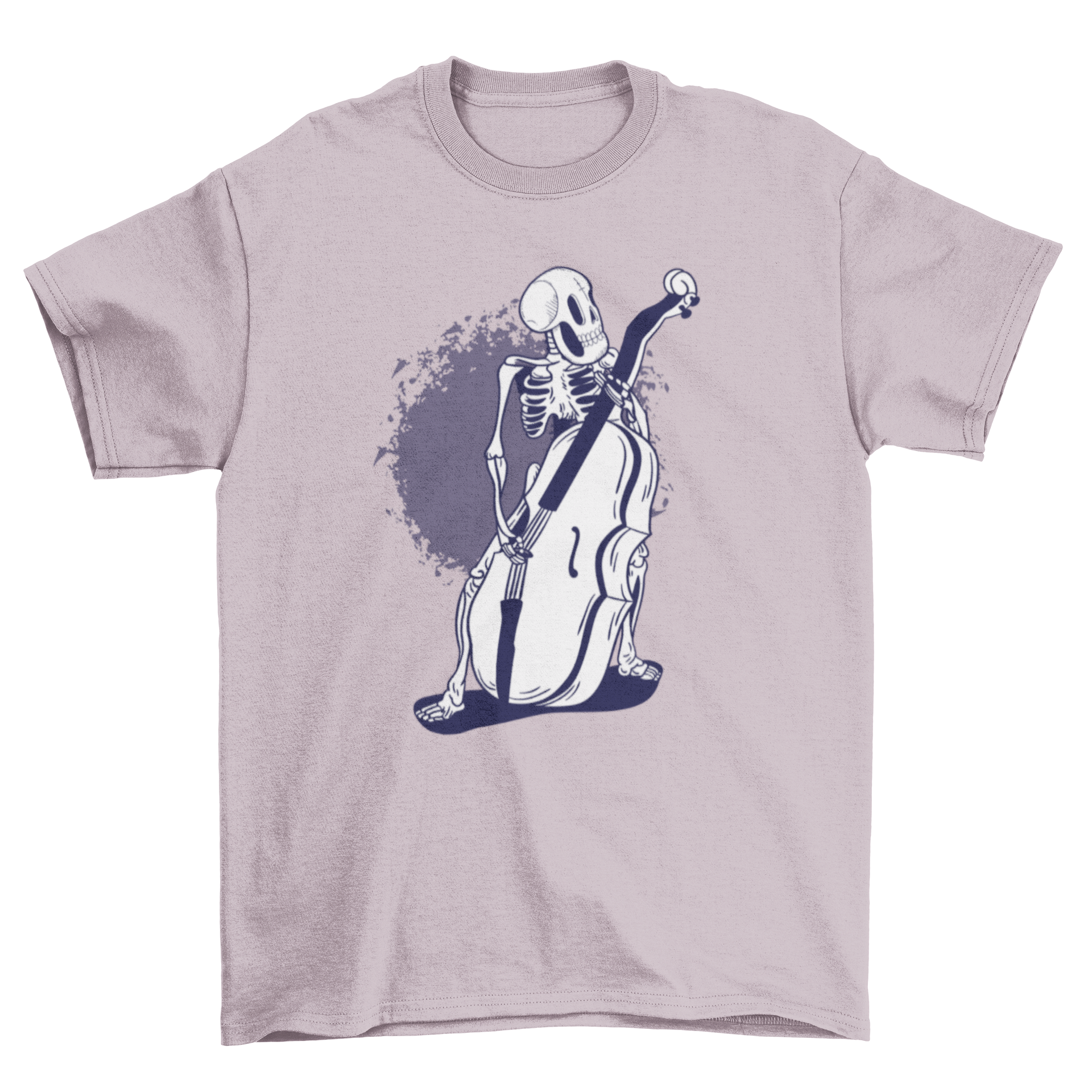 A stylish t-shirt featuring a cartoon skeleton playing the cello, showcasing a unique and artistic design.