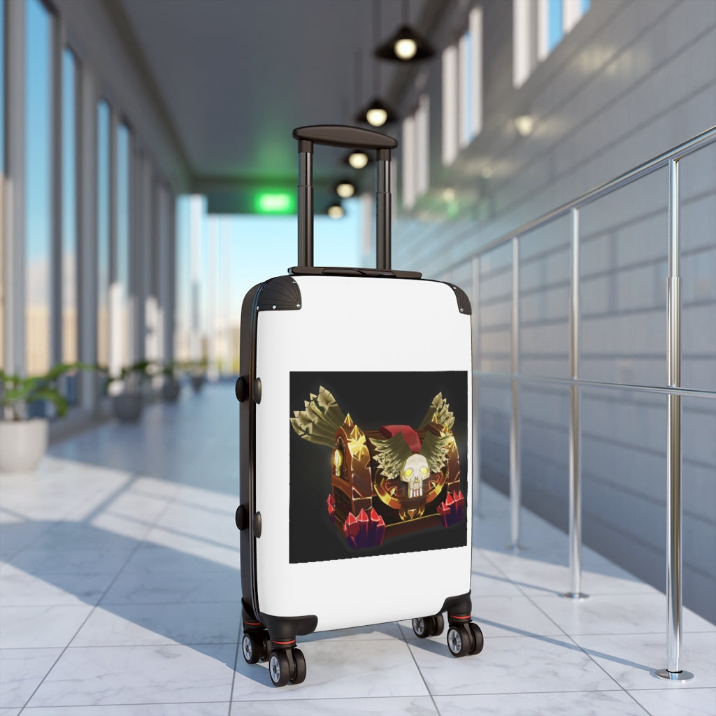 Skeleton Chest Cabin Suitcase featuring personalized faux leather design, adjustable handle, and safety lock.