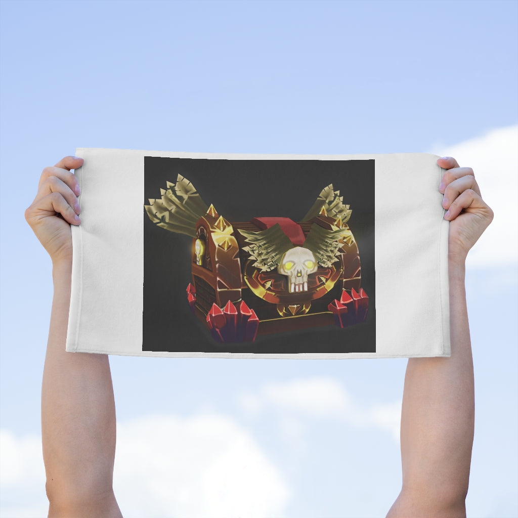 Skeleton Chest Rally Towel featuring a vibrant design, measuring 11x18 inches, made of soft polyester and absorbent cotton.