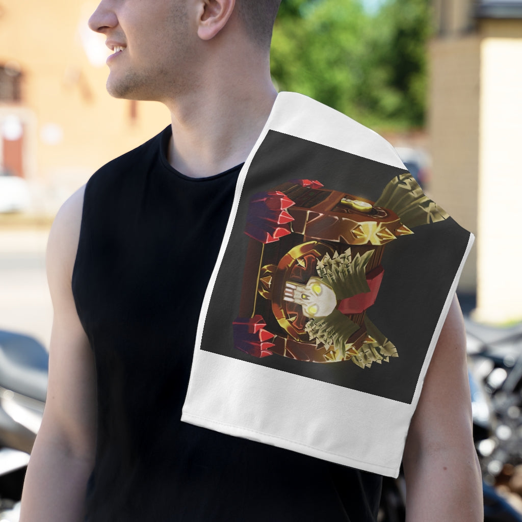 Skeleton Chest Rally Towel featuring a vibrant design, measuring 11x18 inches, made of soft polyester and absorbent cotton.