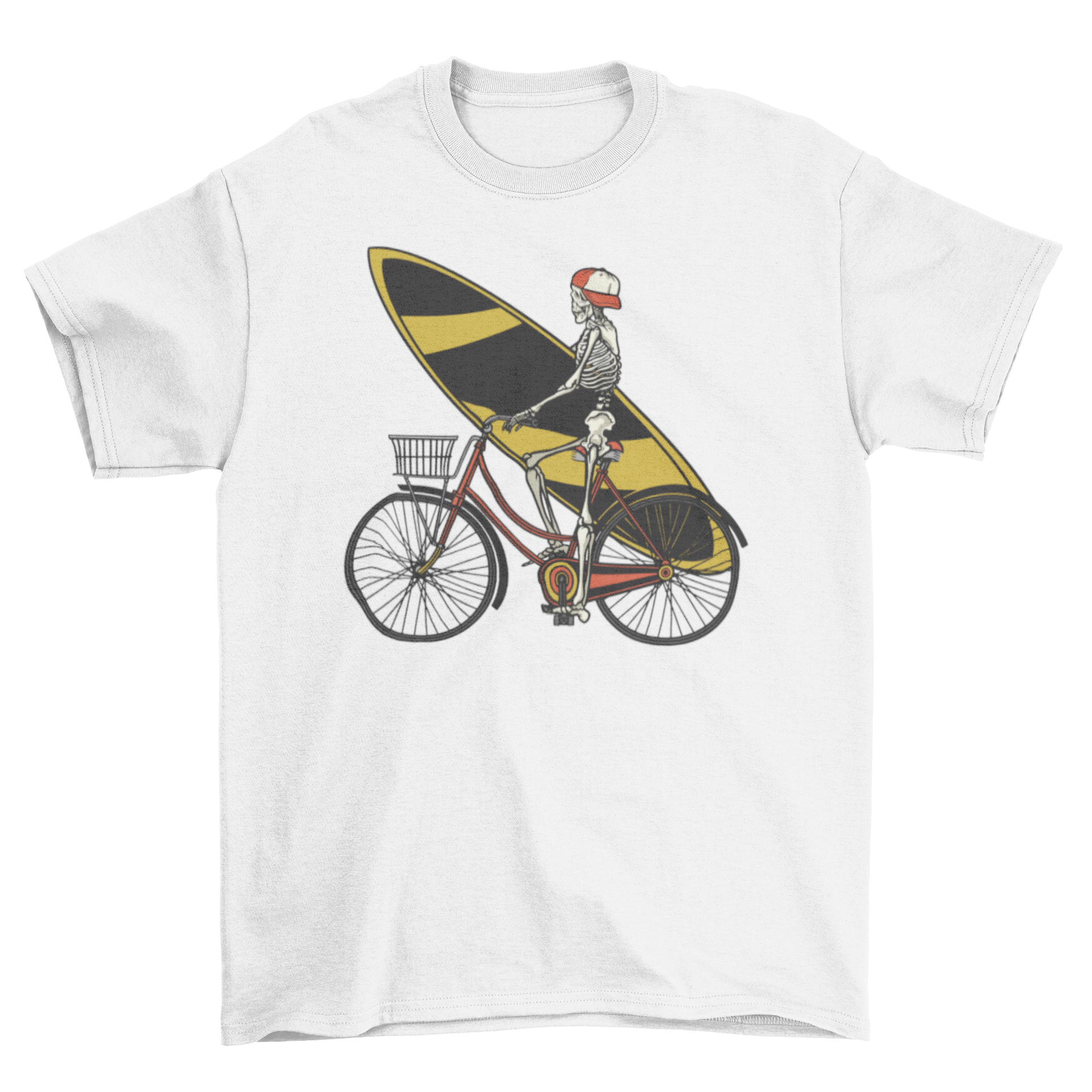 Skeleton cycling t-shirt featuring a skeleton on a bike holding a surfboard and wearing a hat.