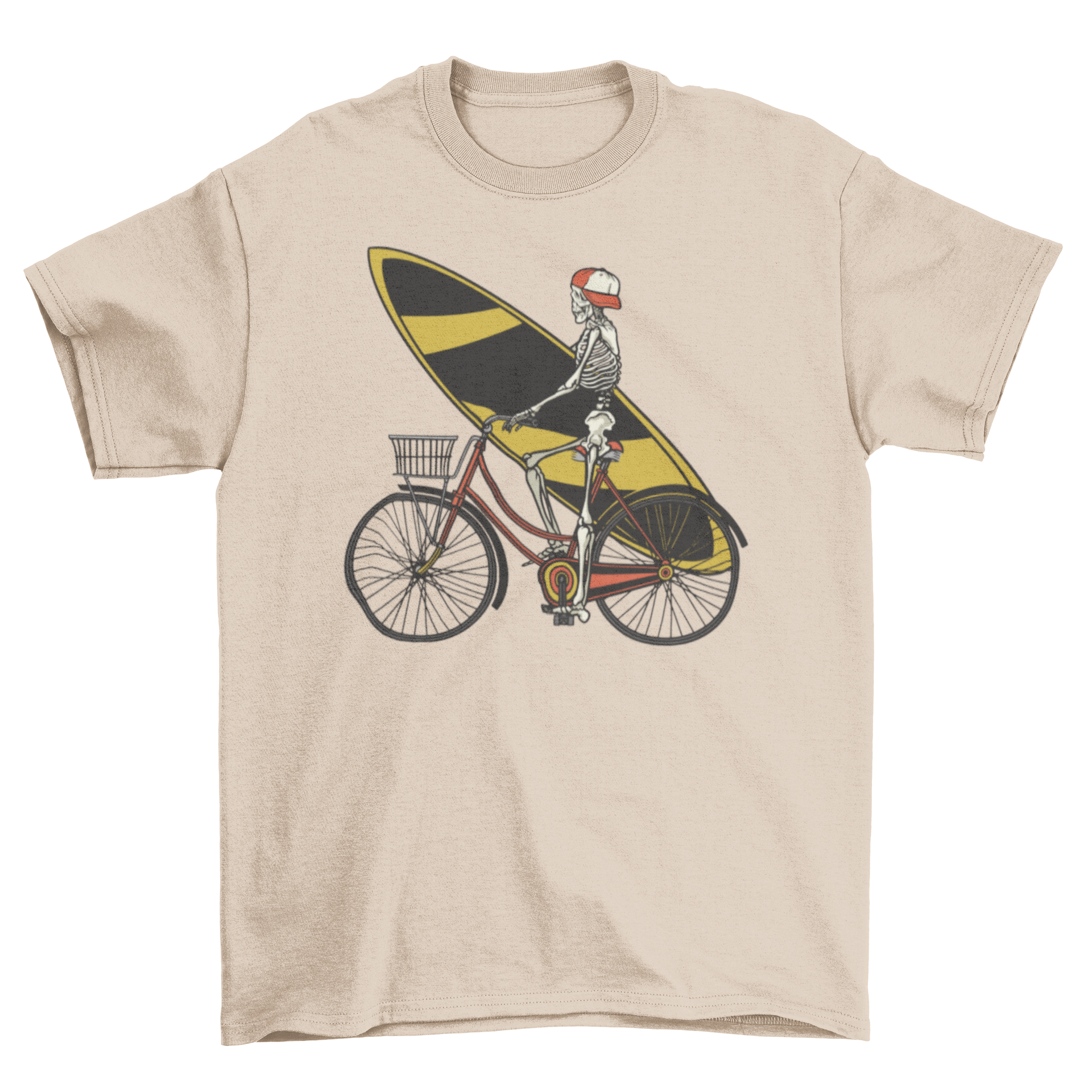Skeleton cycling t-shirt featuring a skeleton on a bike holding a surfboard and wearing a hat.