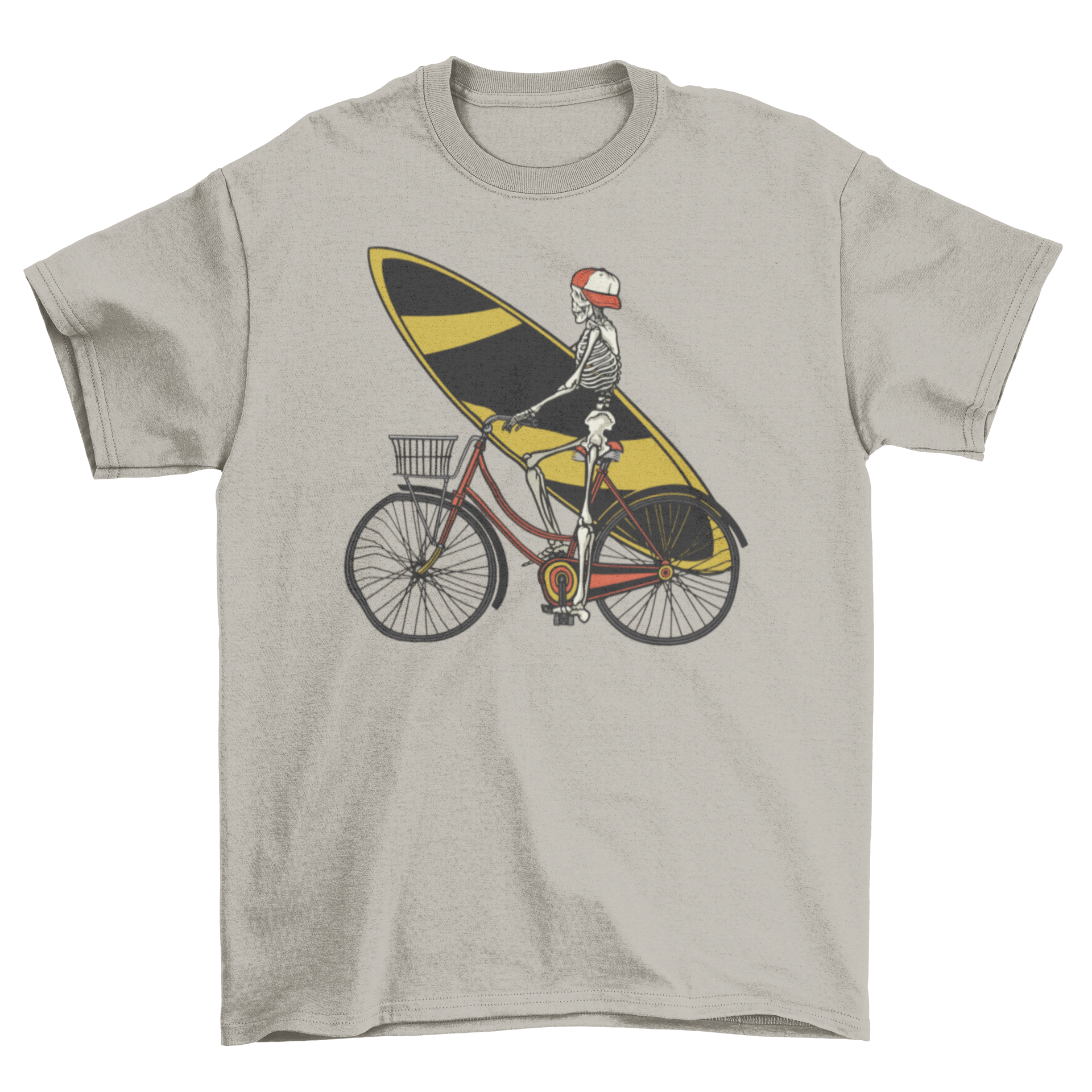 Skeleton cycling t-shirt featuring a skeleton on a bike holding a surfboard and wearing a hat.