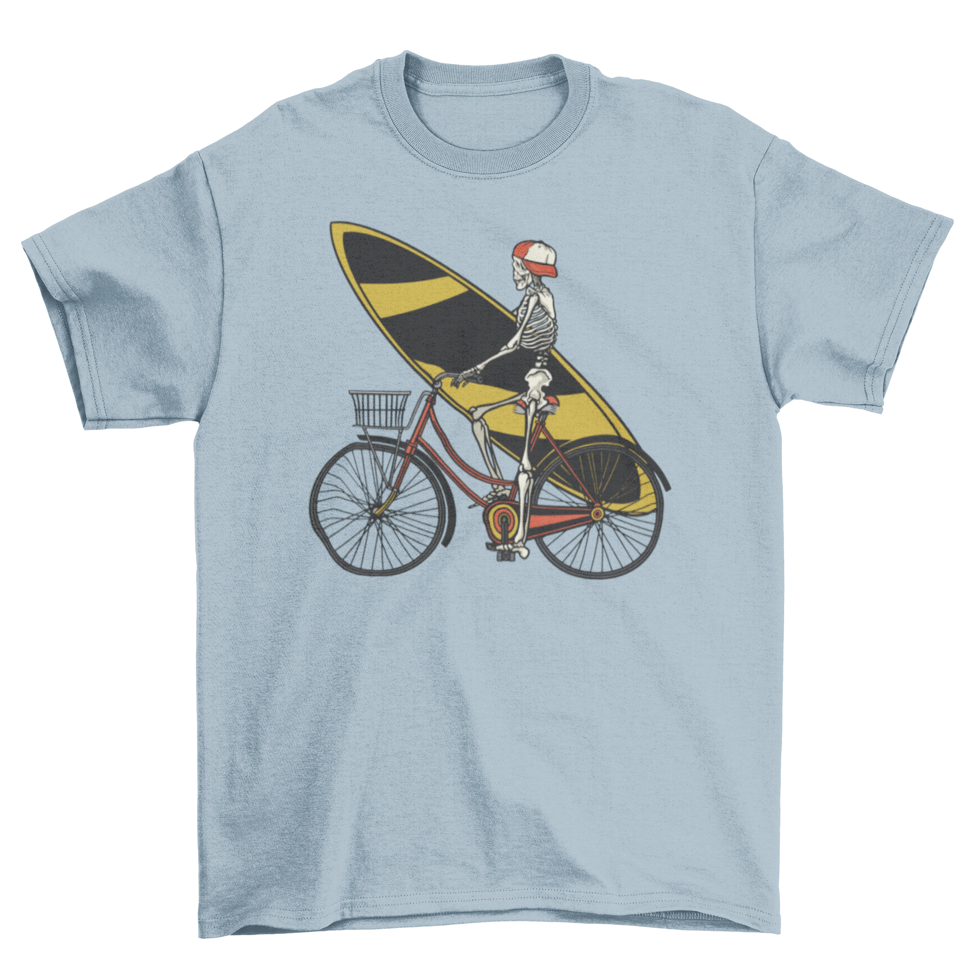 Skeleton cycling t-shirt featuring a skeleton on a bike holding a surfboard and wearing a hat.