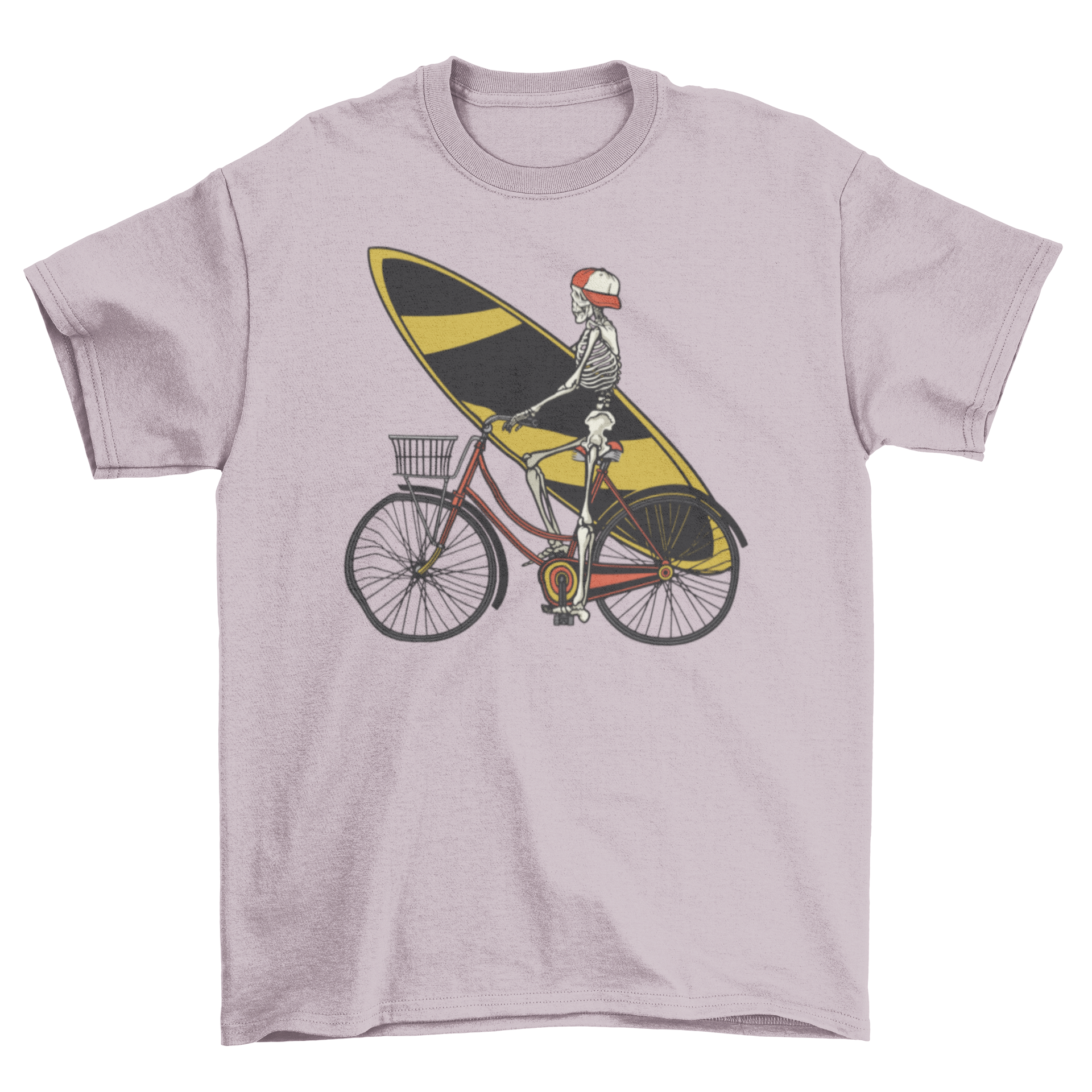 Skeleton cycling t-shirt featuring a skeleton on a bike holding a surfboard and wearing a hat.