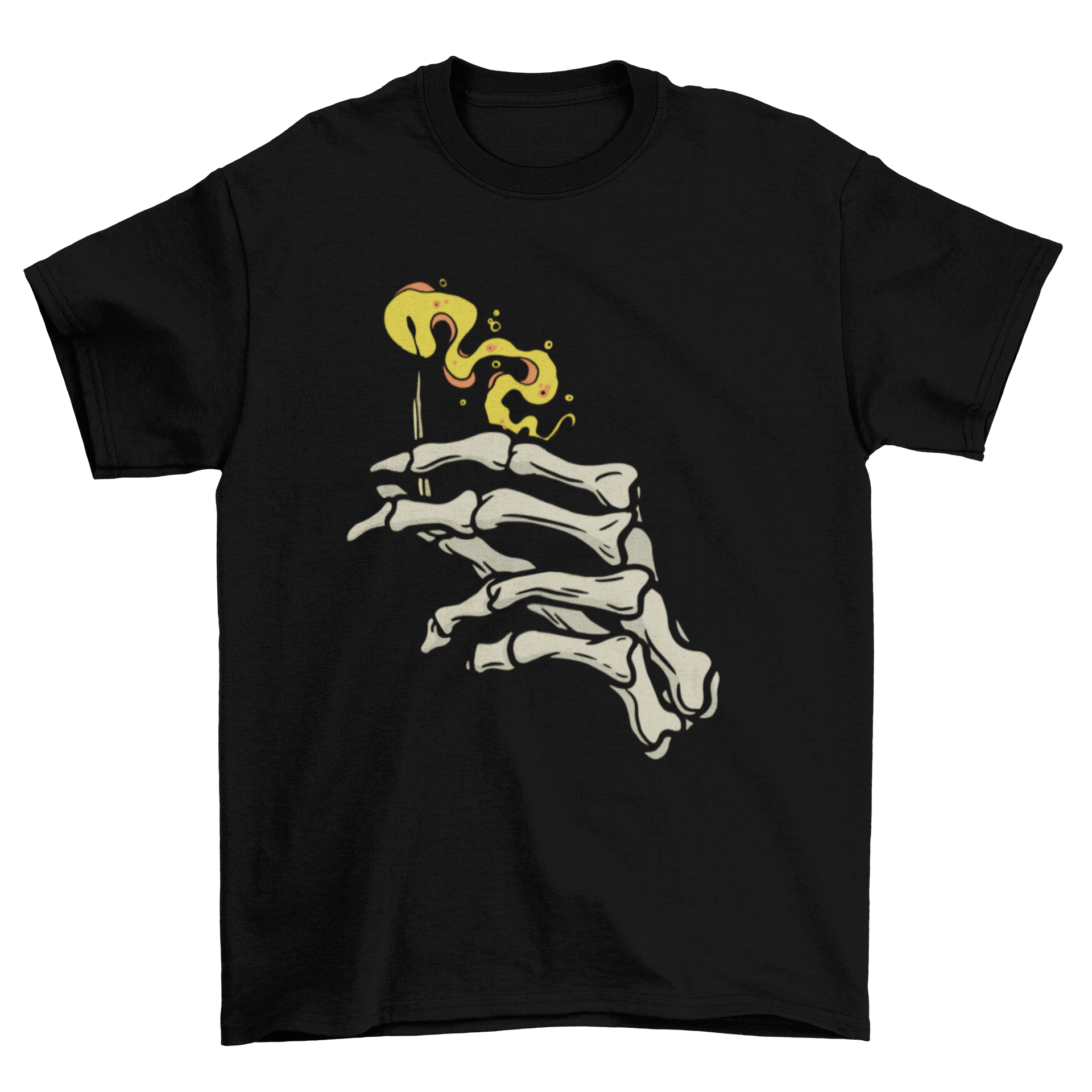 Skeleton fire hand t-shirt featuring a skeleton hand holding a flaming match, showcasing a unique and edgy design.