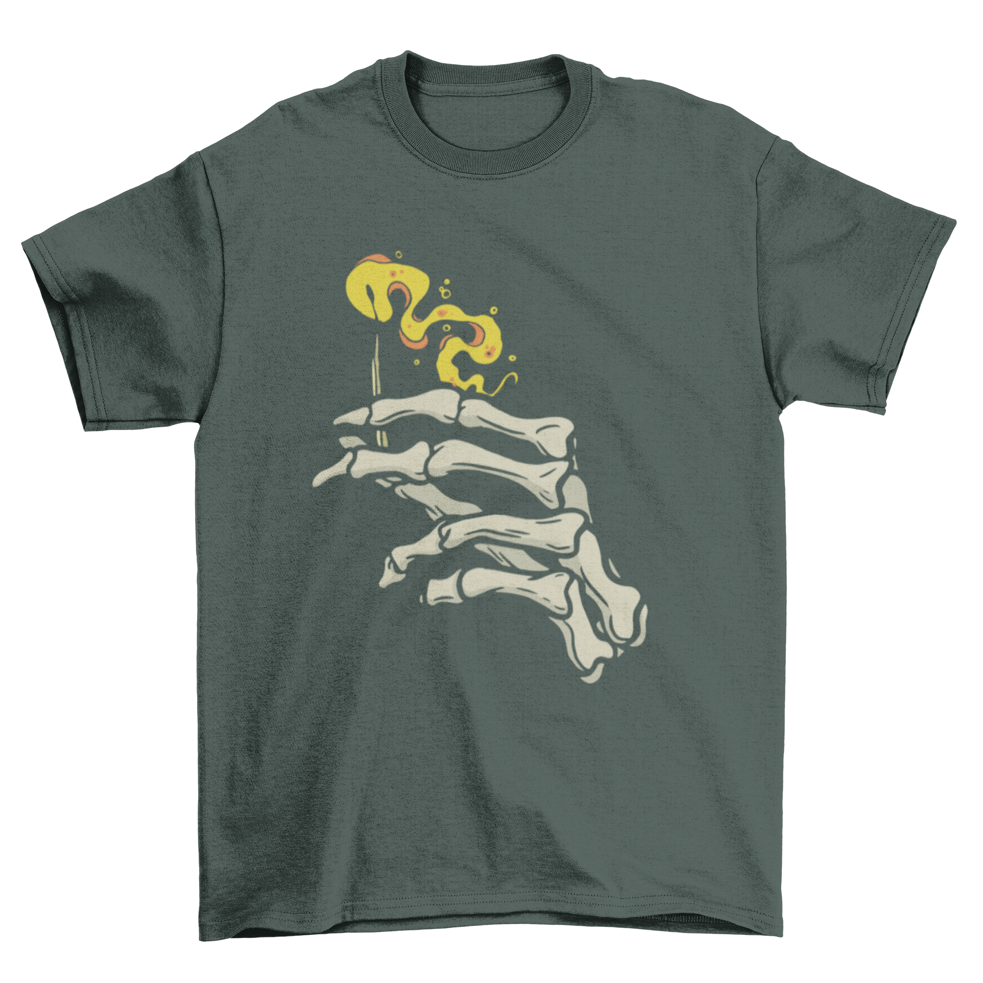 Skeleton fire hand t-shirt featuring a skeleton hand holding a flaming match, showcasing a unique and edgy design.