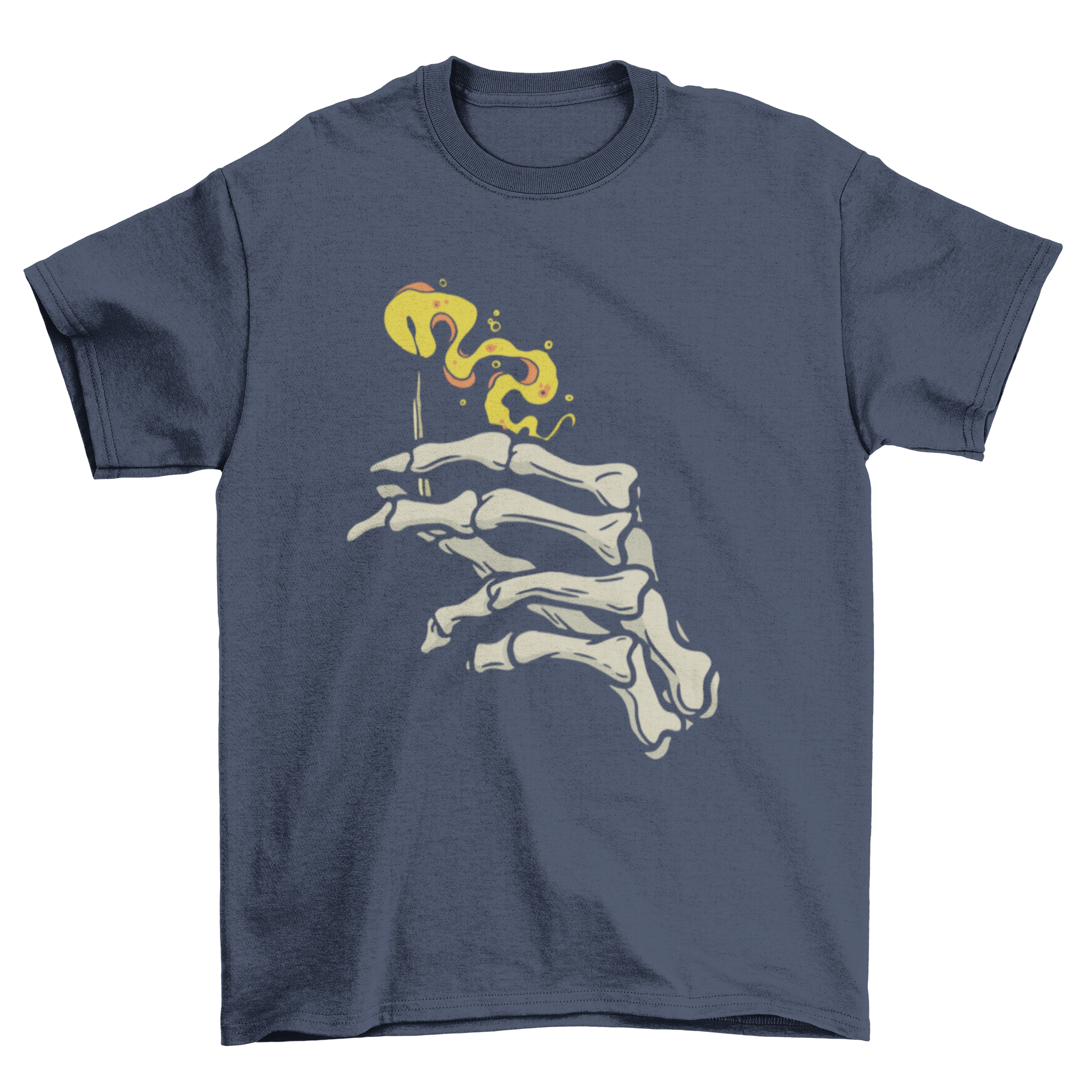 Skeleton fire hand t-shirt featuring a skeleton hand holding a flaming match, showcasing a unique and edgy design.