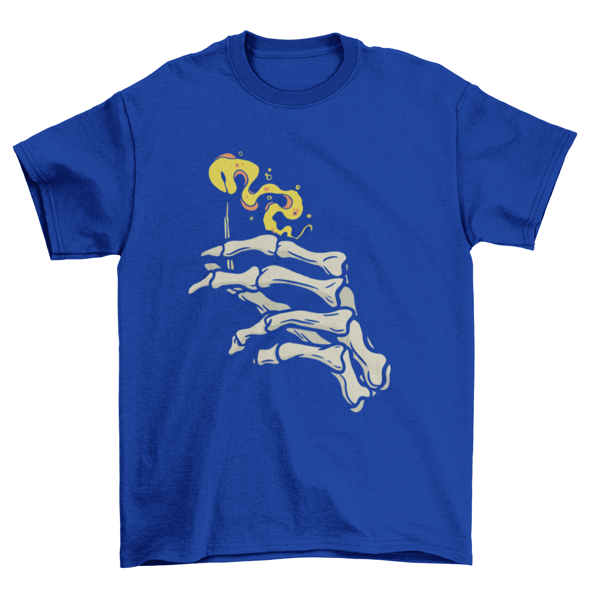 Skeleton fire hand t-shirt featuring a skeleton hand holding a flaming match, showcasing a unique and edgy design.
