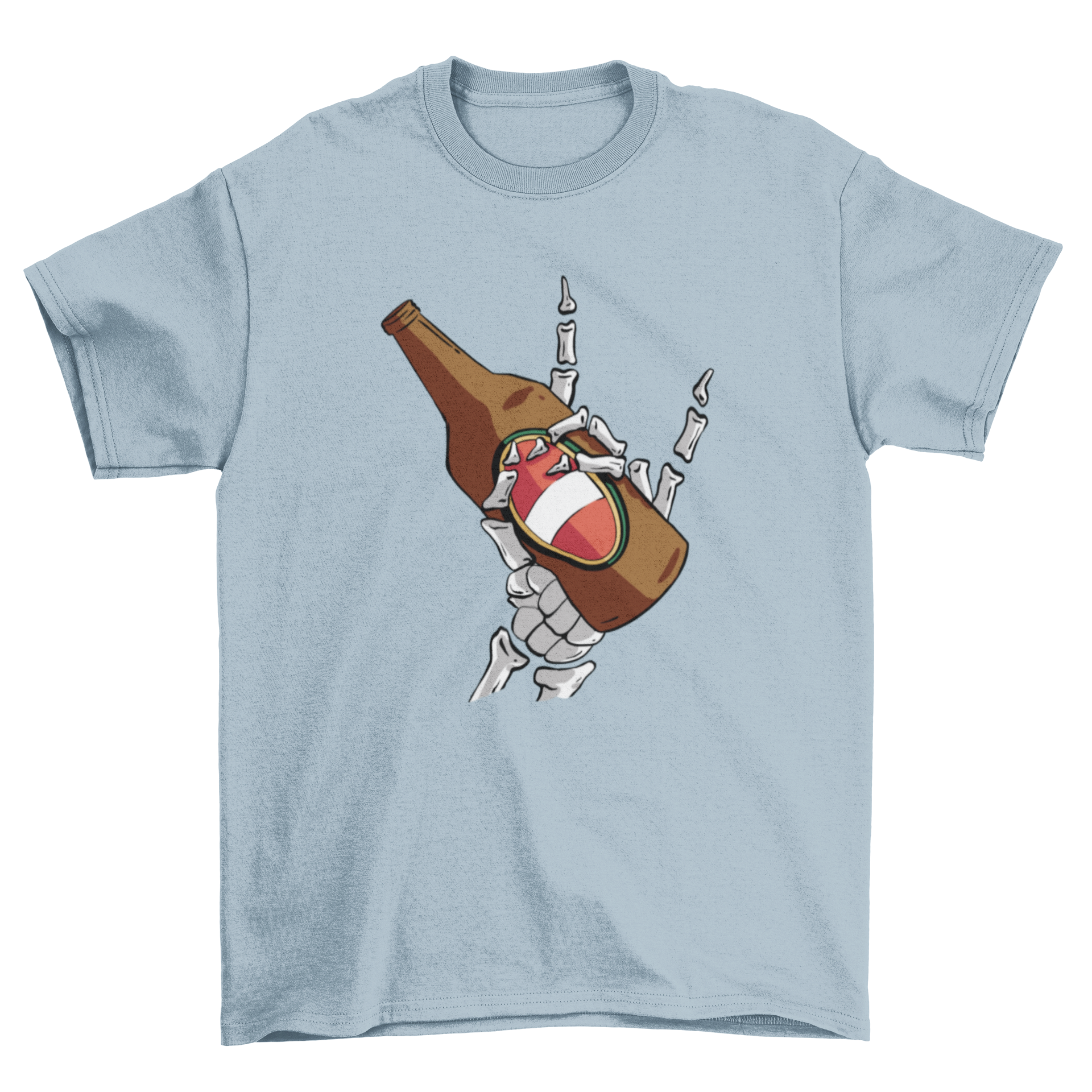 A stylish t-shirt featuring a skeleton's hand holding a beer, perfect for casual wear.
