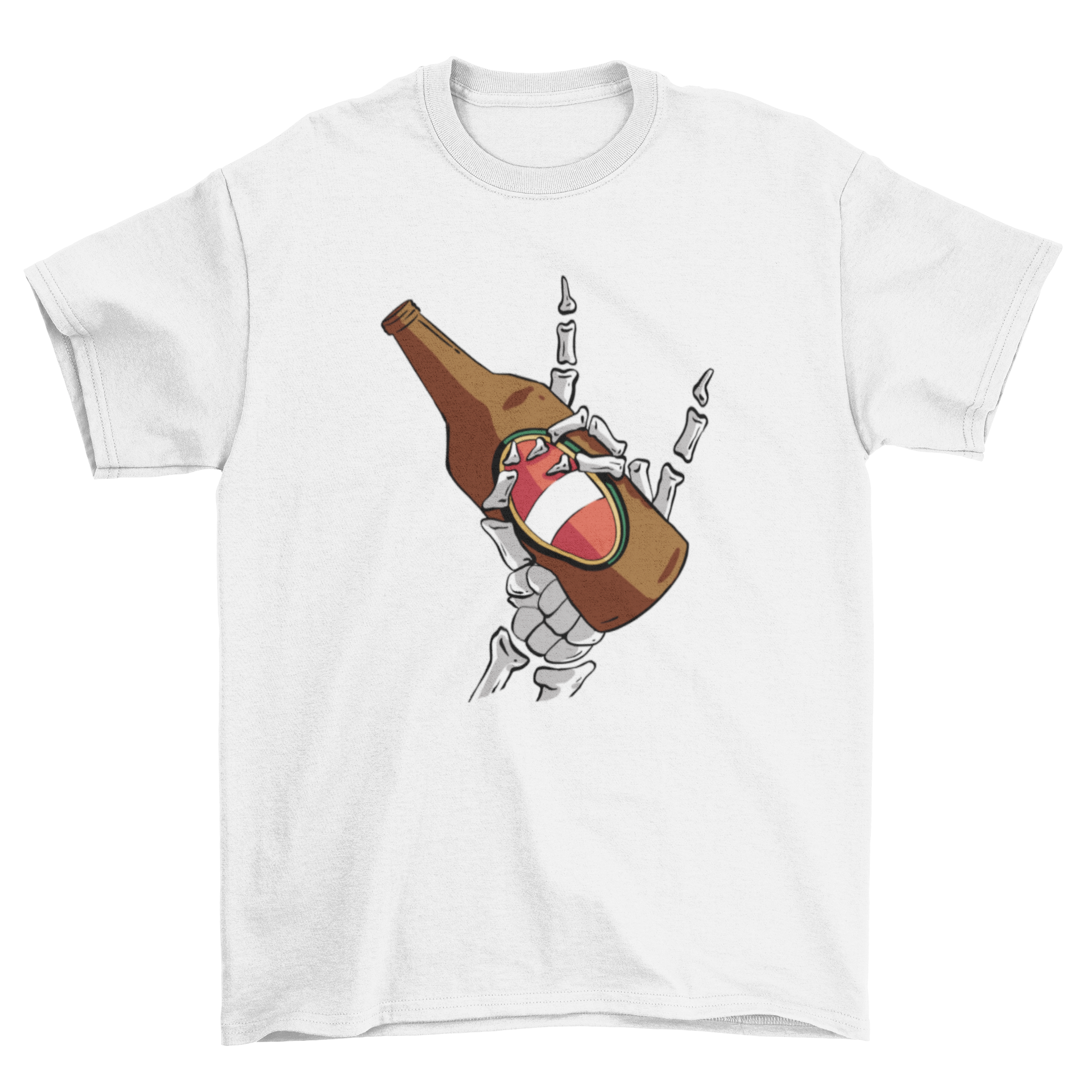 A stylish t-shirt featuring a skeleton's hand holding a beer, perfect for casual wear.