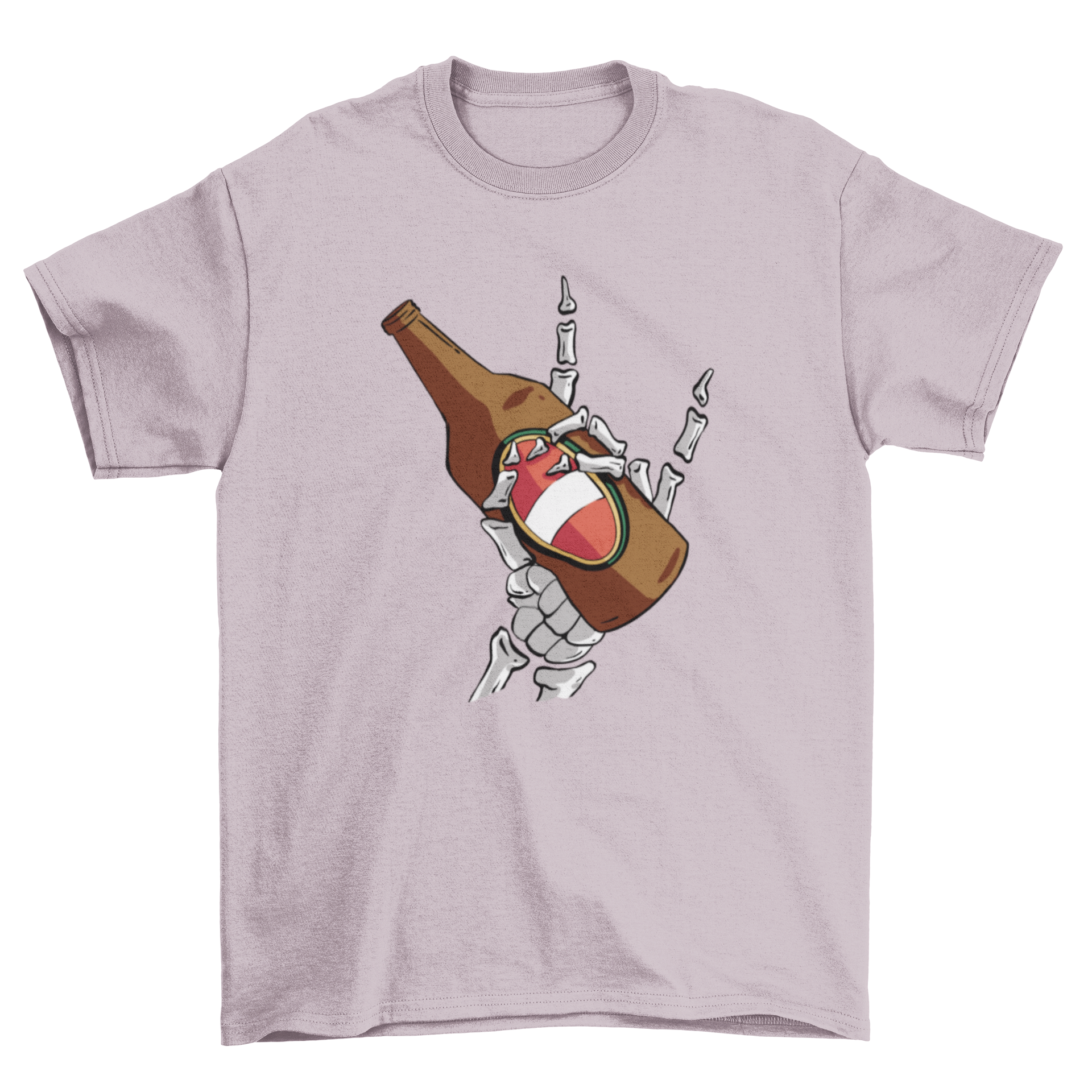 A stylish t-shirt featuring a skeleton's hand holding a beer, perfect for casual wear.