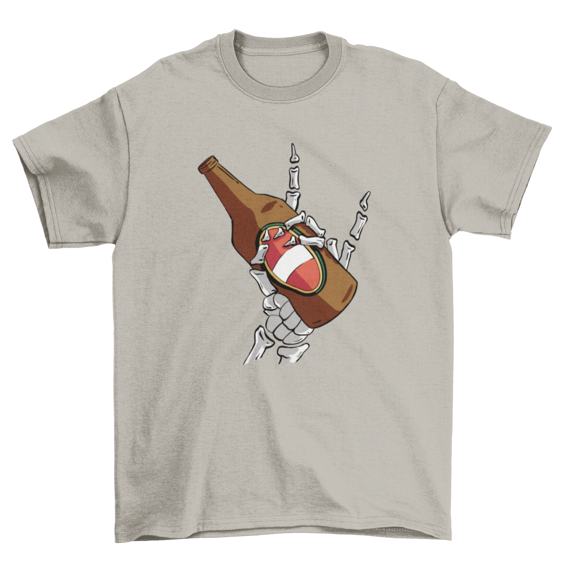A stylish t-shirt featuring a skeleton's hand holding a beer, perfect for casual wear.