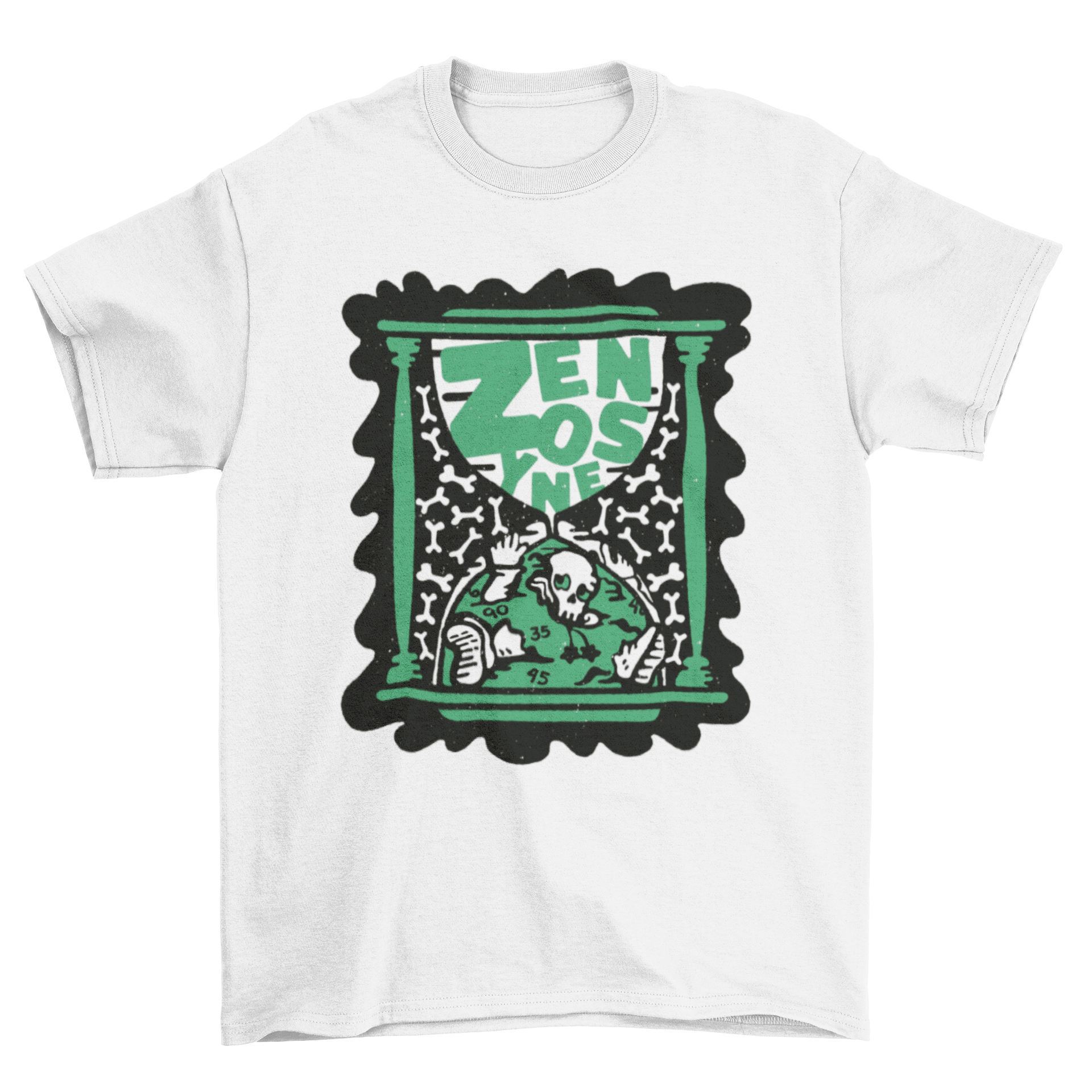 Skeleton inside an hourglass t-shirt design featuring the word 'Zenosyne', symbolizing the passage of time.