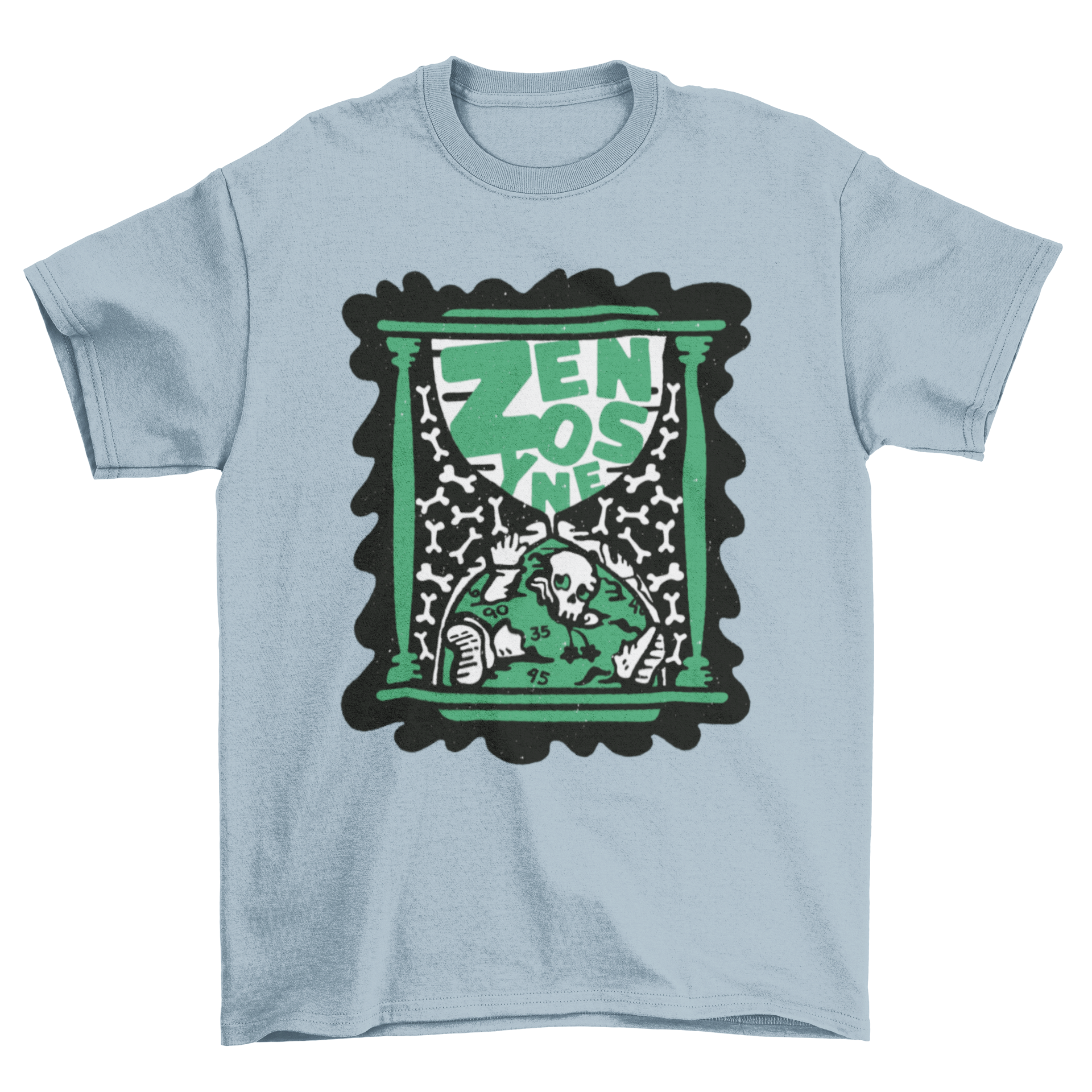 Skeleton inside an hourglass t-shirt design featuring the word 'Zenosyne', symbolizing the passage of time.