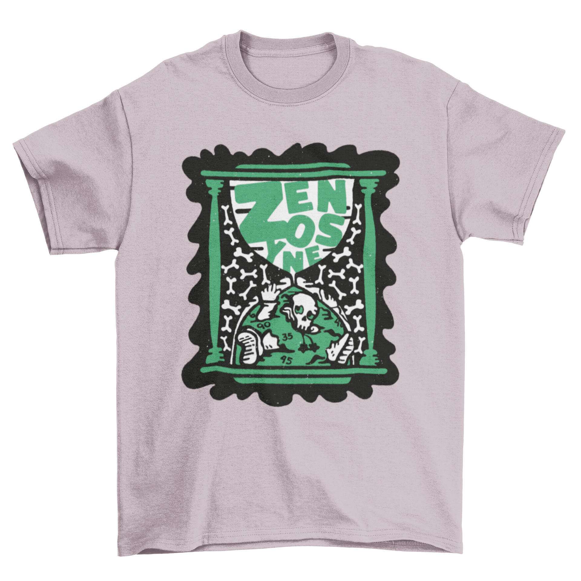Skeleton inside an hourglass t-shirt design featuring the word 'Zenosyne', symbolizing the passage of time.