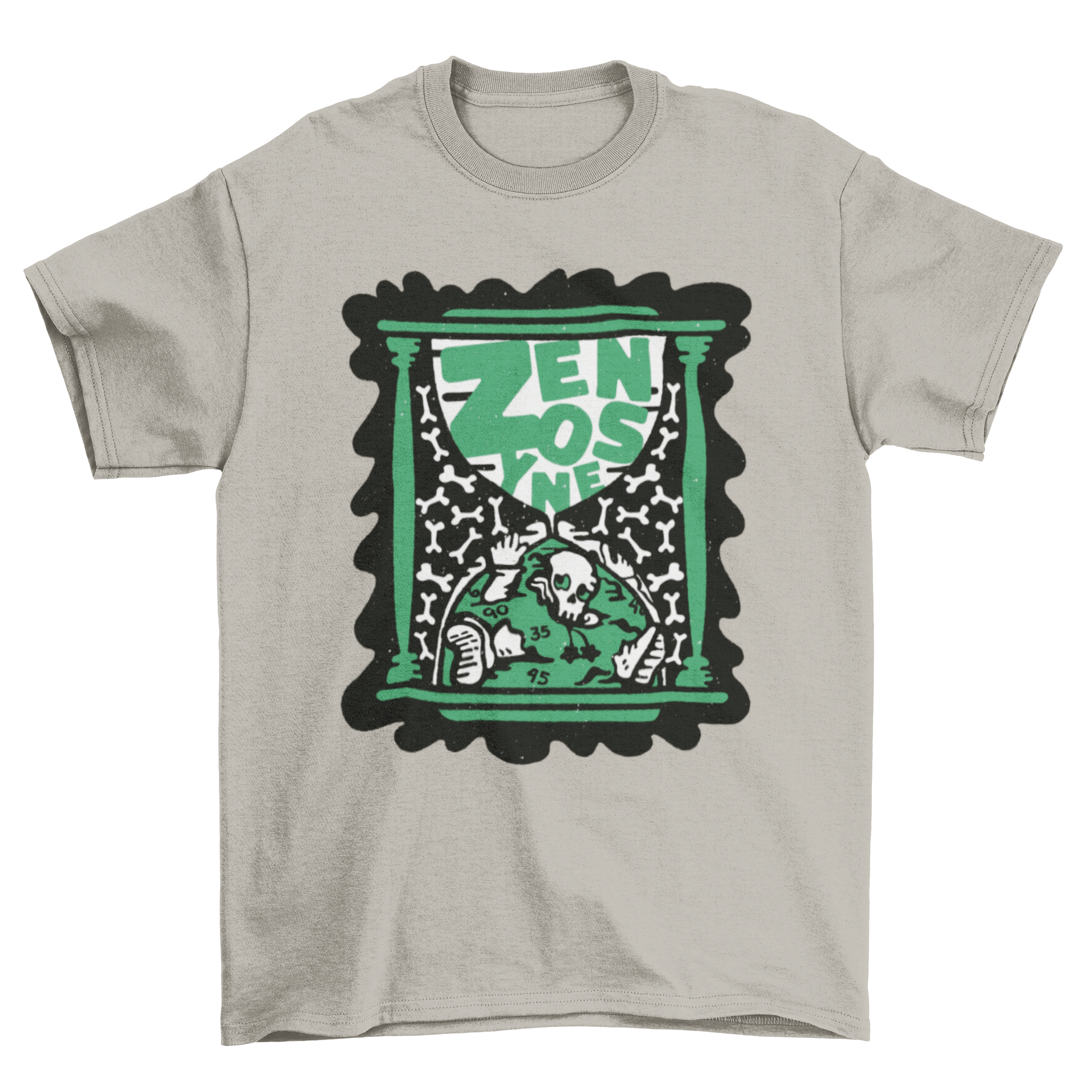 Skeleton inside an hourglass t-shirt design featuring the word 'Zenosyne', symbolizing the passage of time.