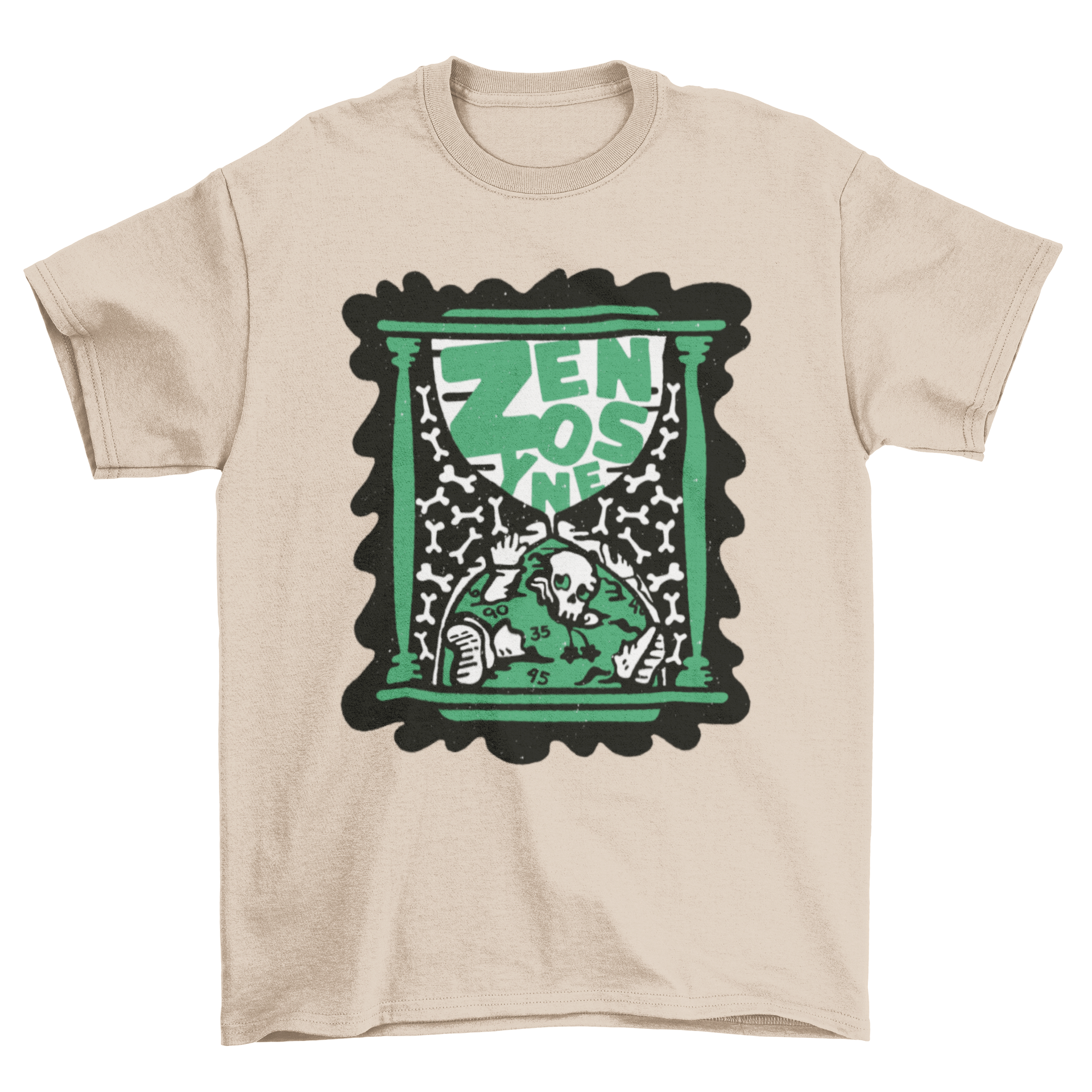 Skeleton inside an hourglass t-shirt design featuring the word 'Zenosyne', symbolizing the passage of time.