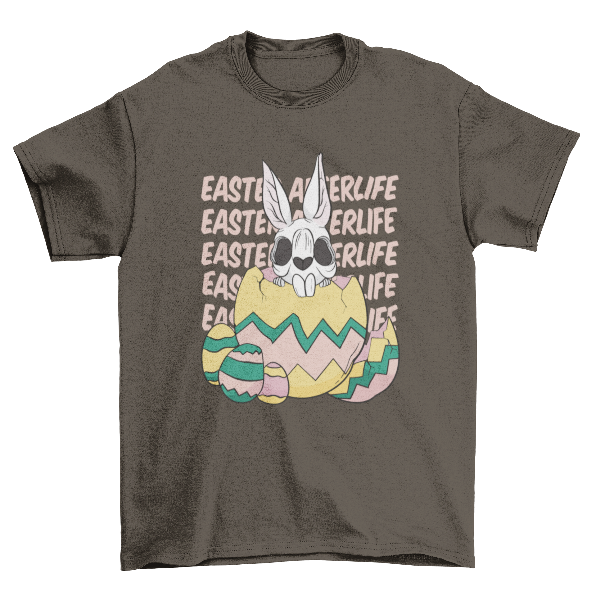 A playful t-shirt featuring a skeleton rabbit inside a colorful Easter egg with the quote 'Easter afterlife'.