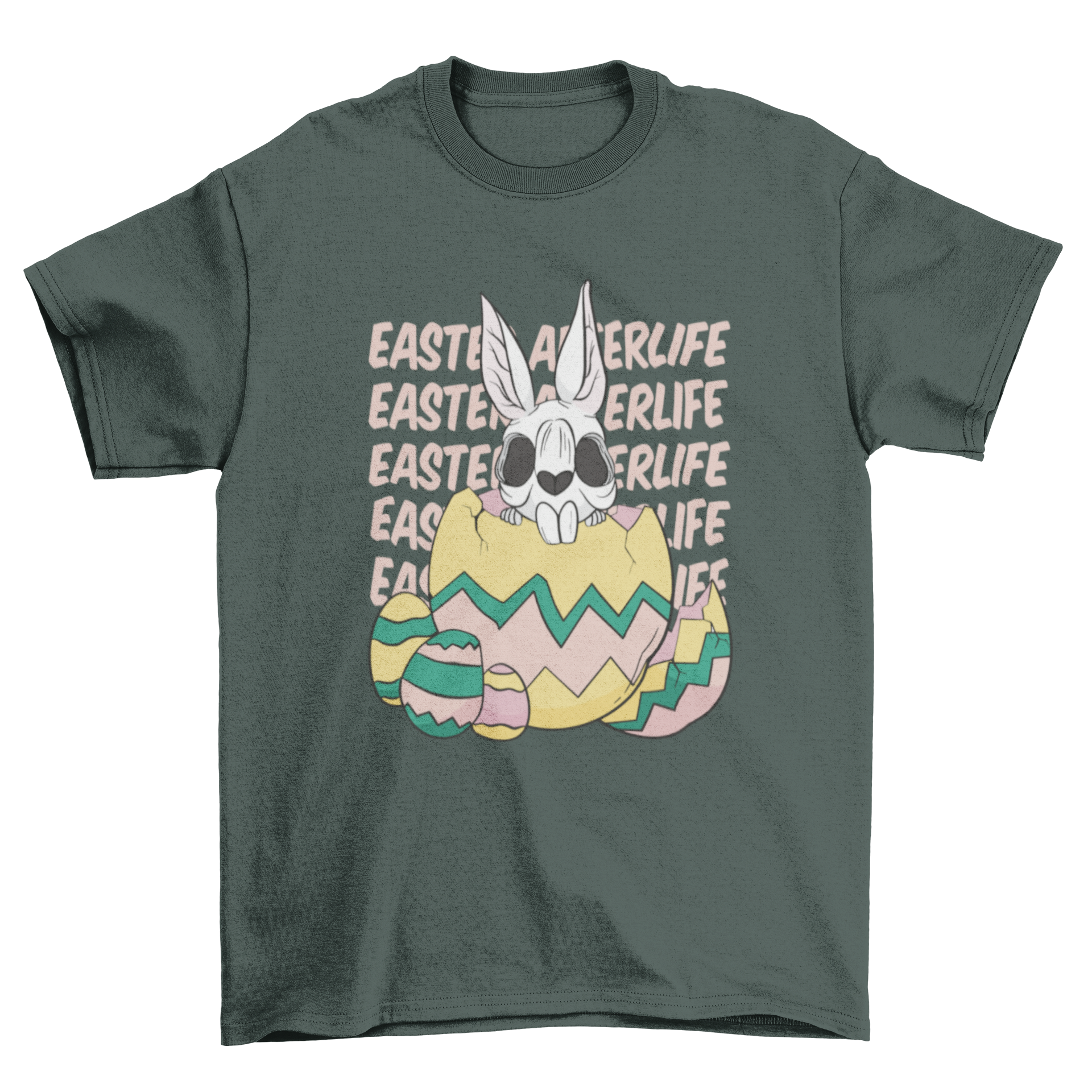A playful t-shirt featuring a skeleton rabbit inside a colorful Easter egg with the quote 'Easter afterlife'.