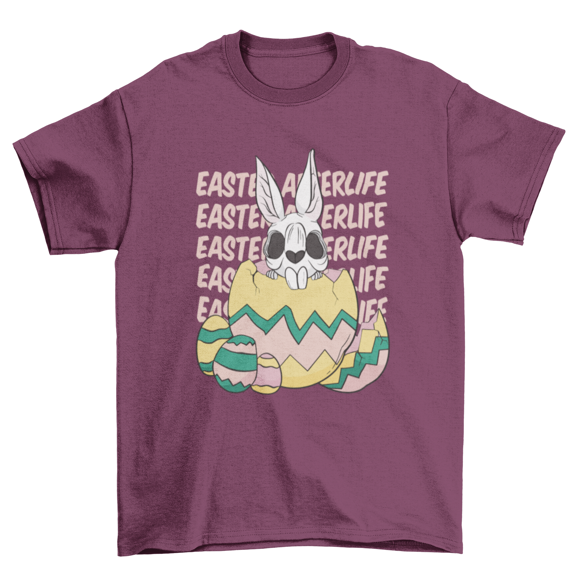 A playful t-shirt featuring a skeleton rabbit inside a colorful Easter egg with the quote 'Easter afterlife'.